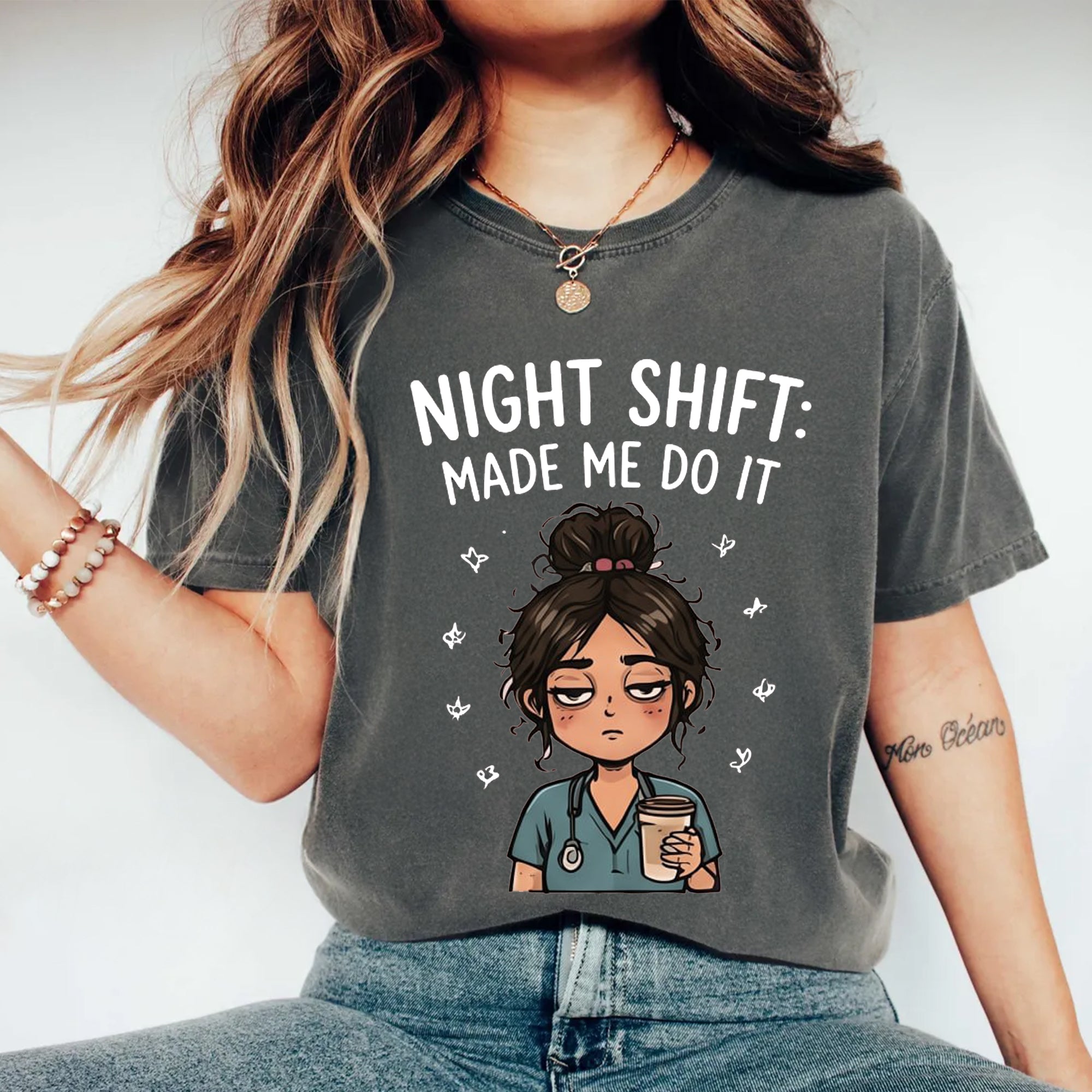 Night Shift Made Me Do It Nurse Shirt, Funny Nurse Tee, RN Humor Shirt, Tired Nurse Gift, Nursing Student Gift, Nurse Life Tee