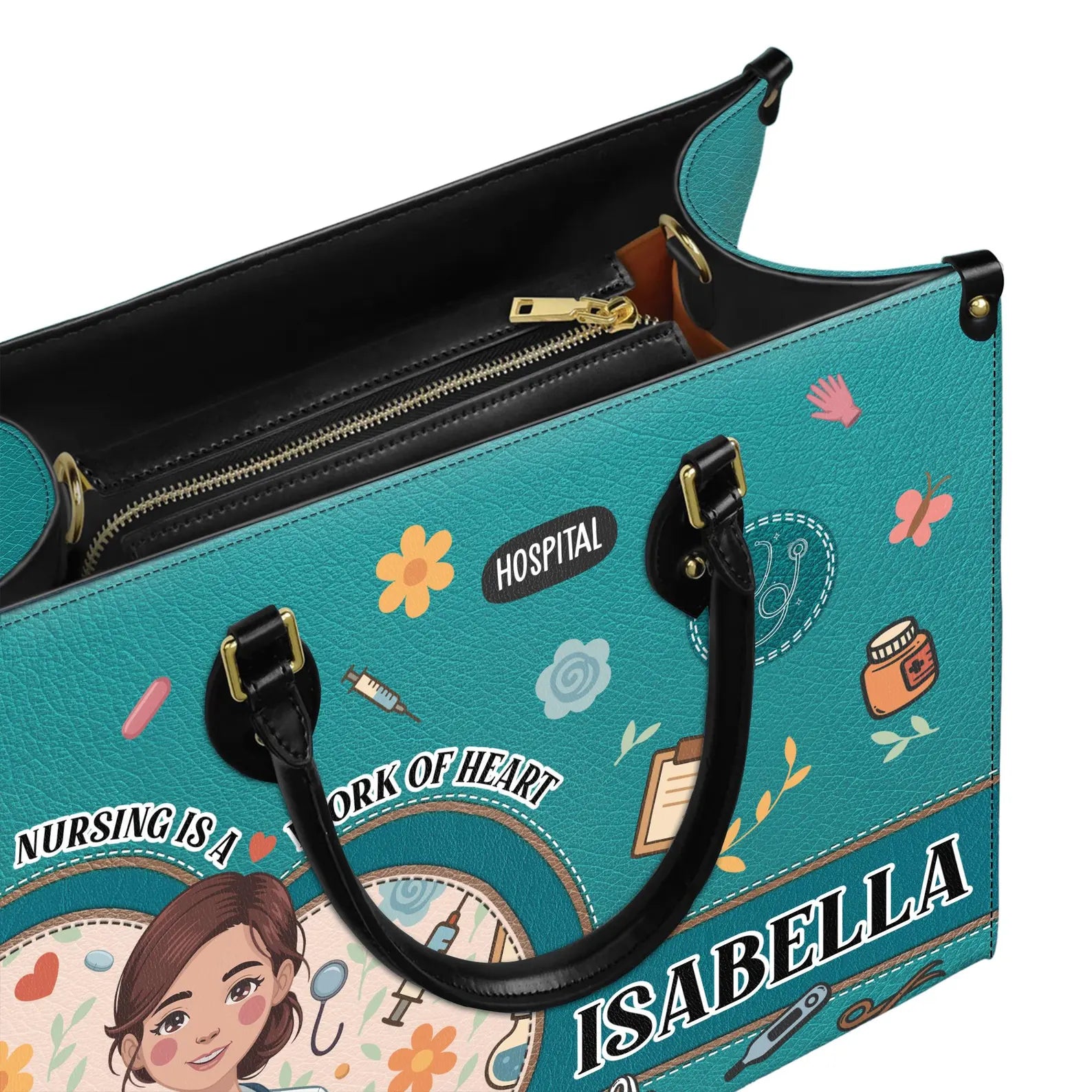 Custom Leather Handbag–Nurse Appreciation Design with Medical Icon Personalized Name–Gift for Healthcare Worker,Nurse Student–Christmas Gift