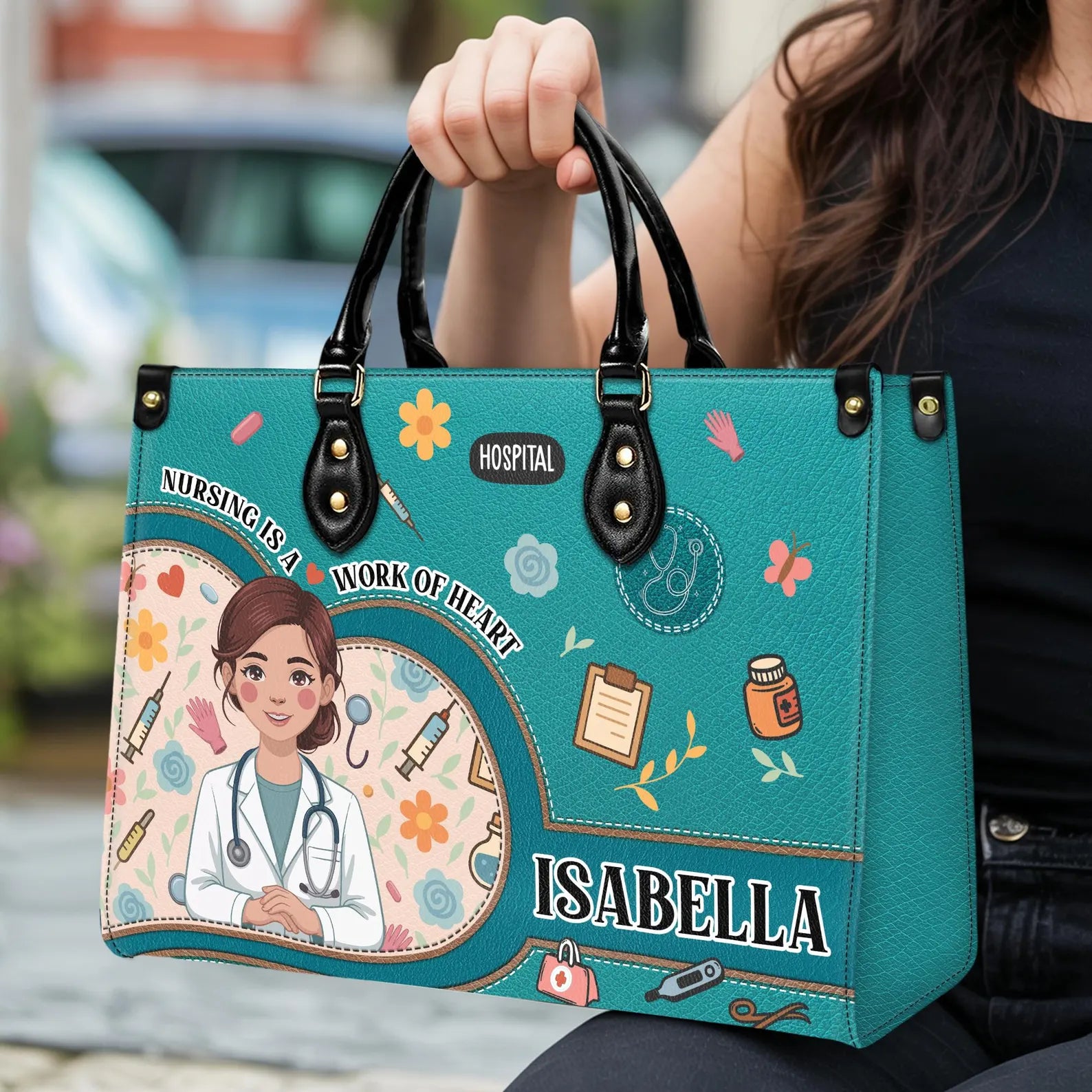 Custom Leather Handbag–Nurse Appreciation Design with Medical Icon Personalized Name–Gift for Healthcare Worker,Nurse Student–Christmas Gift