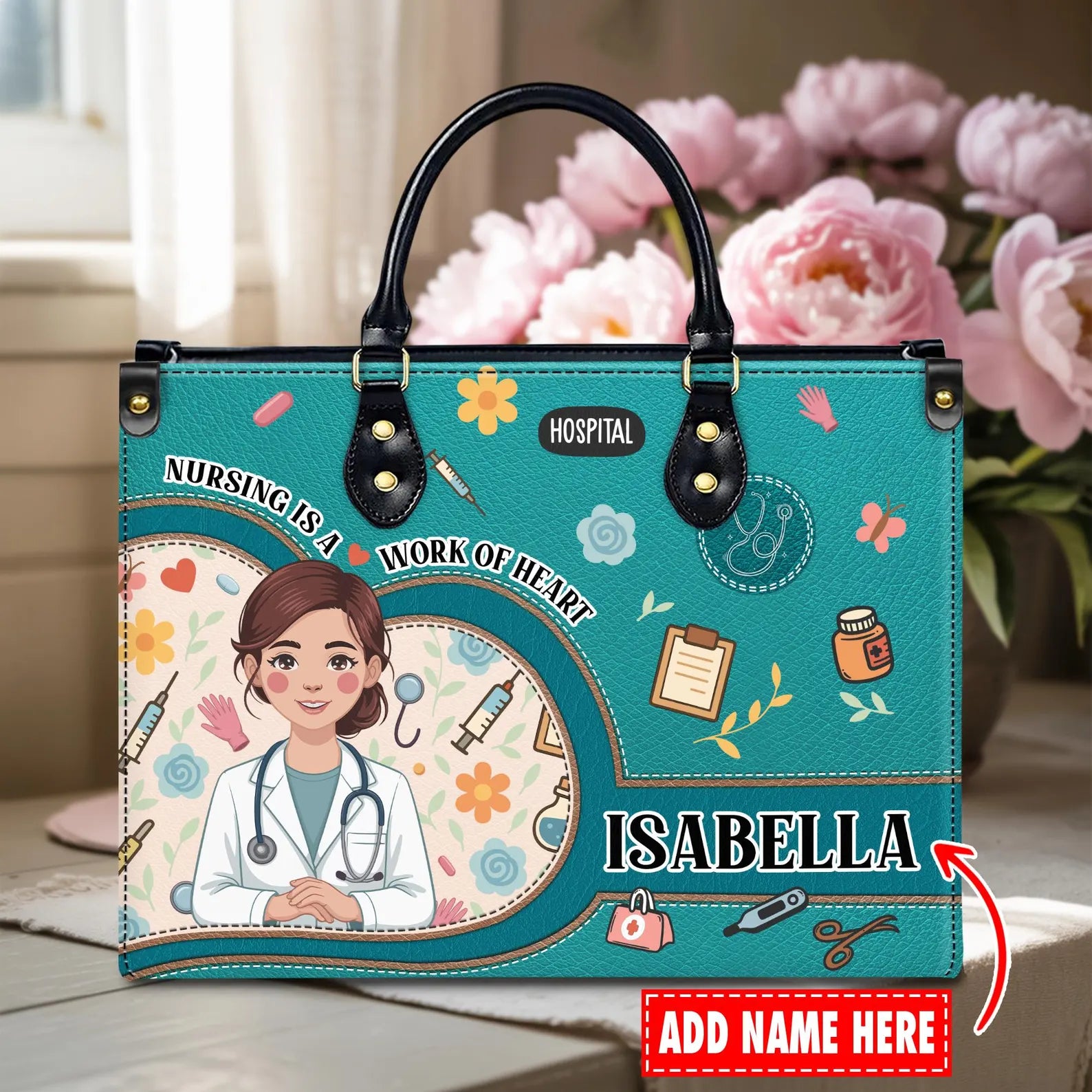 Custom Leather Handbag–Nurse Appreciation Design with Medical Icon Personalized Name–Gift for Healthcare Worker,Nurse Student–Christmas Gift