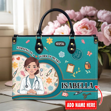 Custom Leather Handbag–Nurse Appreciation Design with Medical Icon Personalized Name–Gift for Healthcare Worker,Nurse Student–Christmas Gift