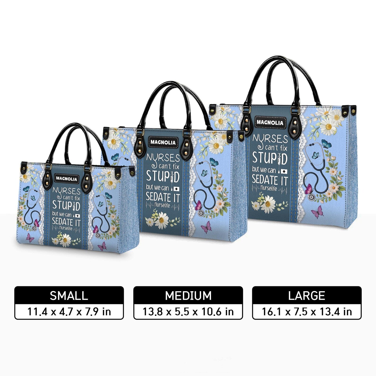Custom Leather Handbag – Nurse Gift with Name – Stethoscope Floral Print, Funny Nurse Quote Tote – Personalized Nursing Christmas Gift