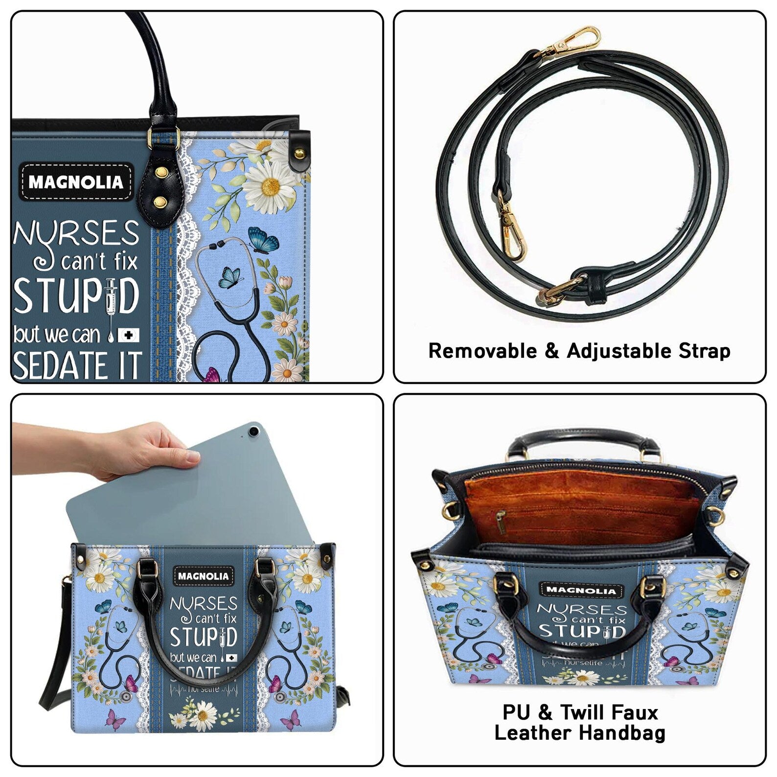 Custom Leather Handbag – Nurse Gift with Name – Stethoscope Floral Print, Funny Nurse Quote Tote – Personalized Nursing Christmas Gift