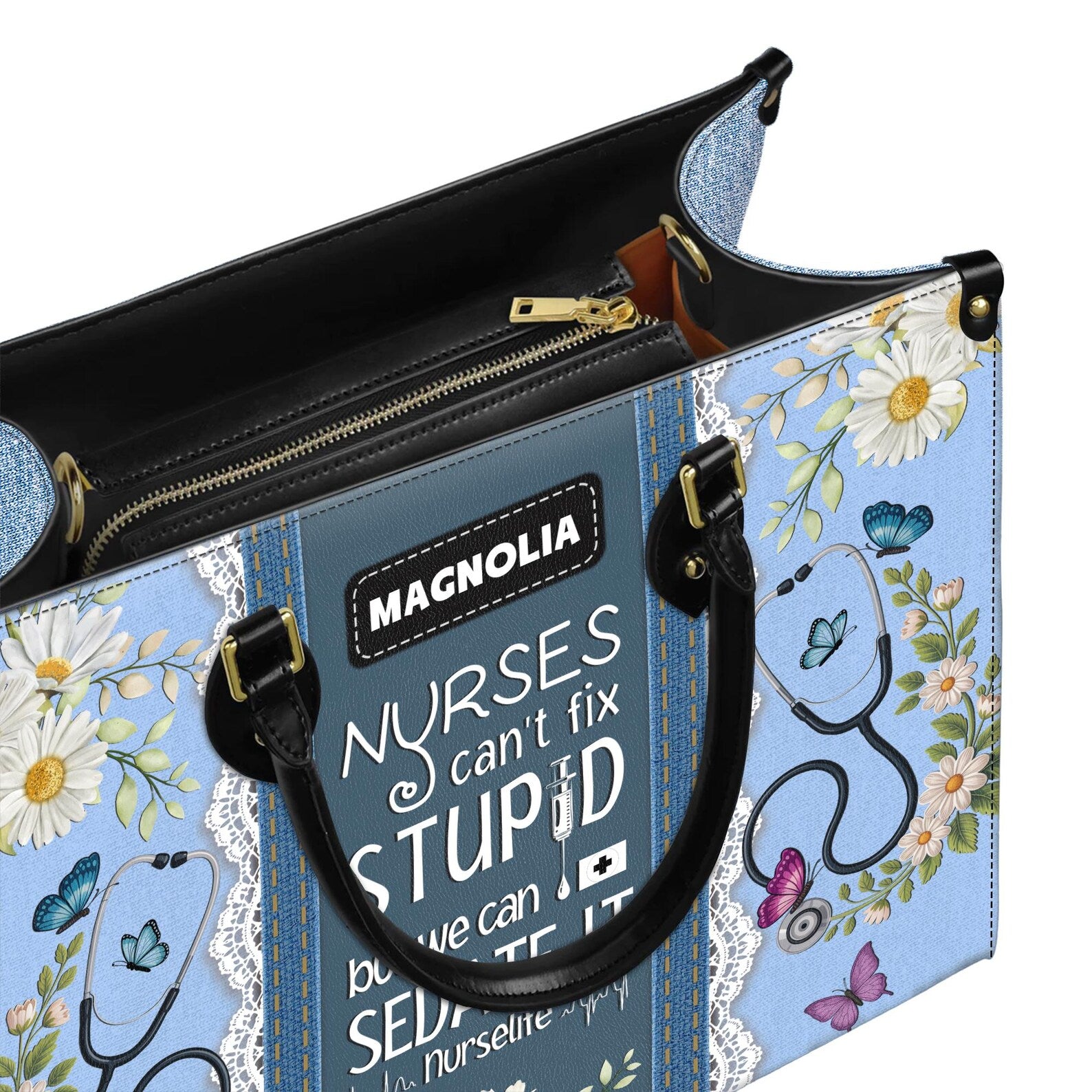Custom Leather Handbag – Nurse Gift with Name – Stethoscope Floral Print, Funny Nurse Quote Tote – Personalized Nursing Christmas Gift