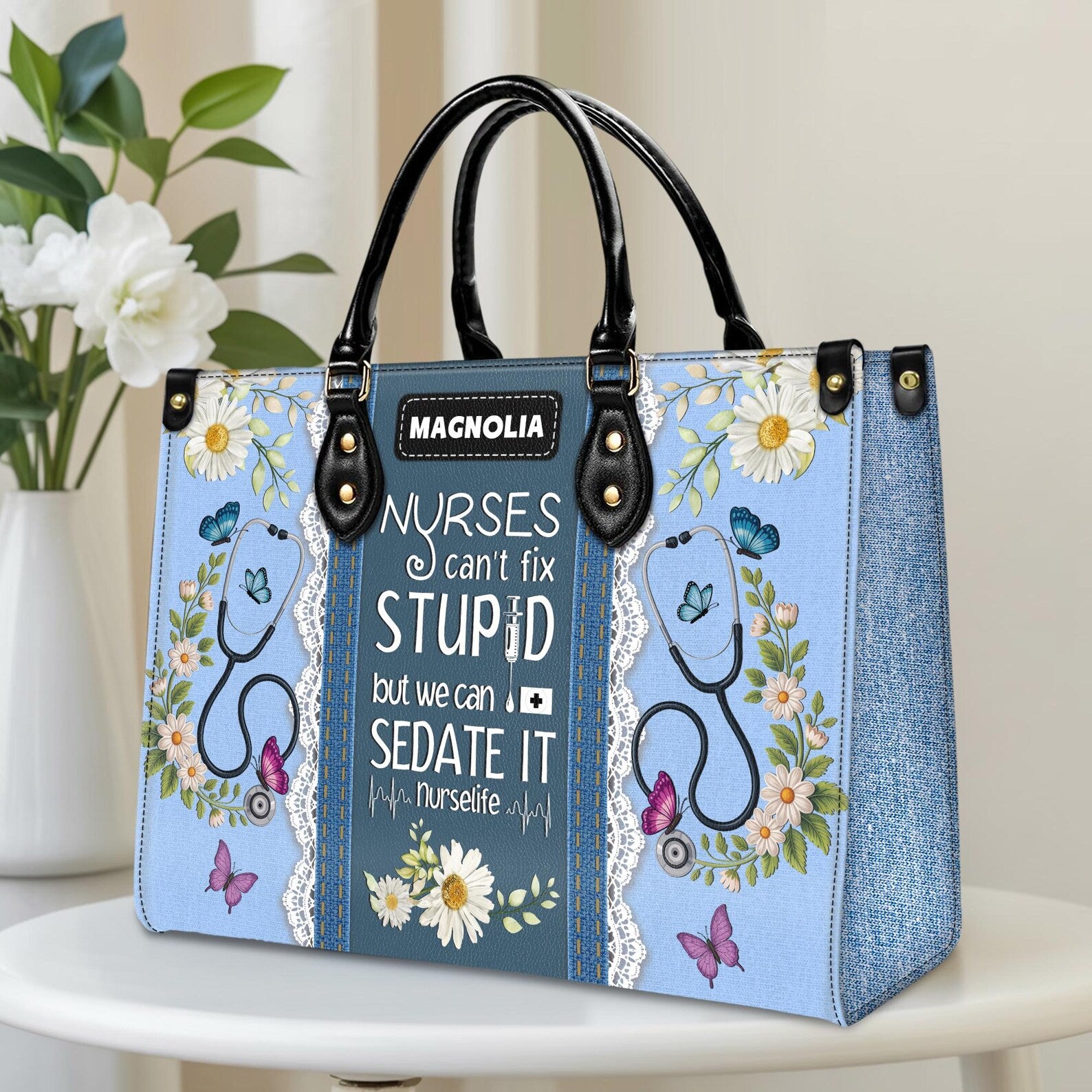 Custom Leather Handbag – Nurse Gift with Name – Stethoscope Floral Print, Funny Nurse Quote Tote – Personalized Nursing Christmas Gift