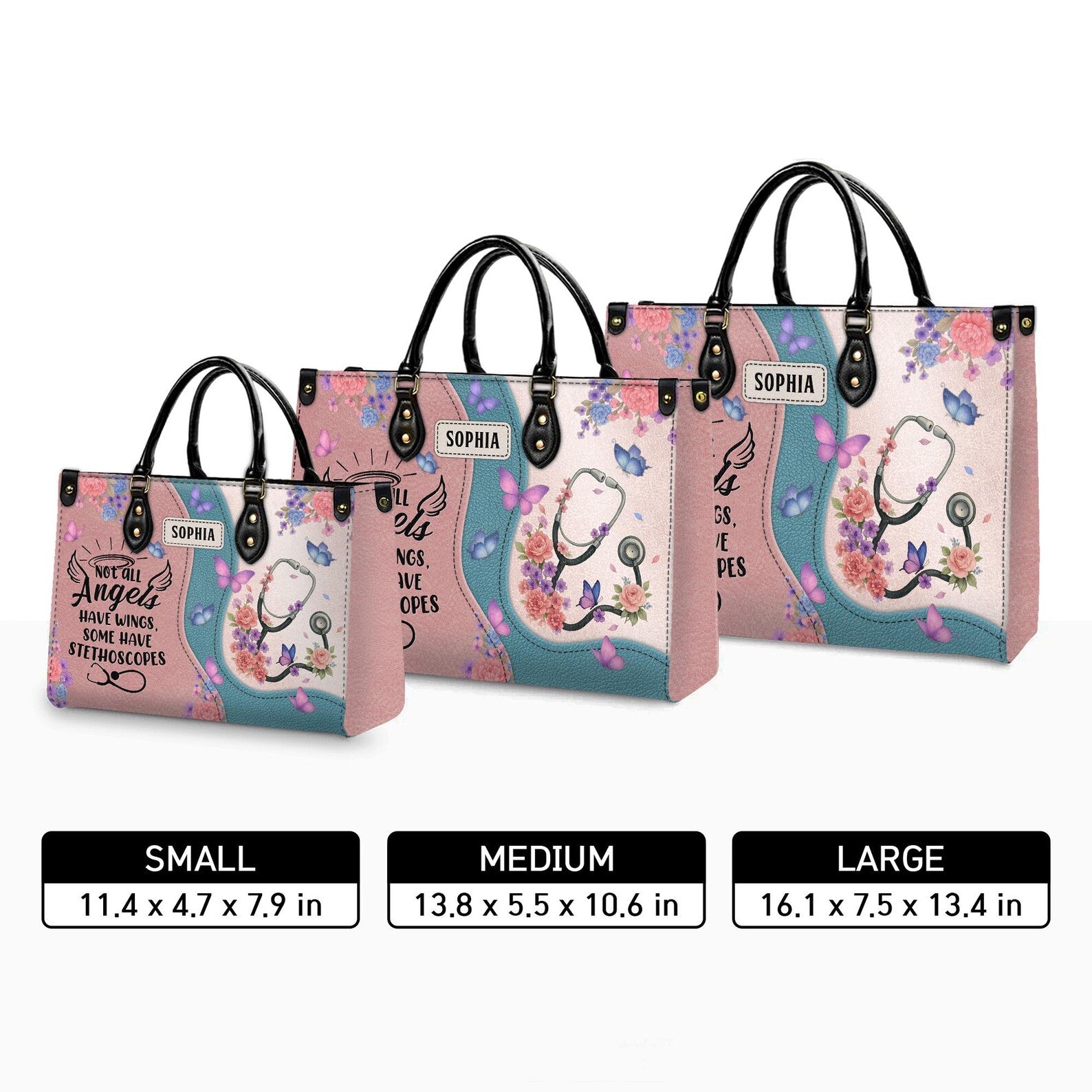 Custom Leather Handbag Nurse - Stethoscope & Butterfly Floral Pastel, Custom Name Bag - Gift for Nurse RN CNA,Nursing Student,Christmas Gift