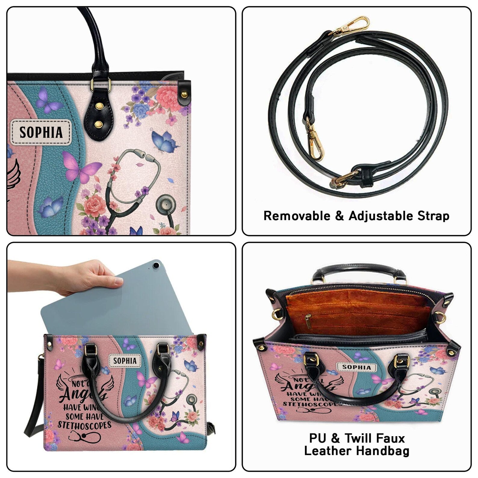 Custom Leather Handbag Nurse - Stethoscope & Butterfly Floral Pastel, Custom Name Bag - Gift for Nurse RN CNA,Nursing Student,Christmas Gift