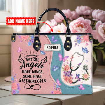 Custom Leather Handbag Nurse - Stethoscope & Butterfly Floral Pastel, Custom Name Bag - Gift for Nurse RN CNA,Nursing Student,Christmas Gift