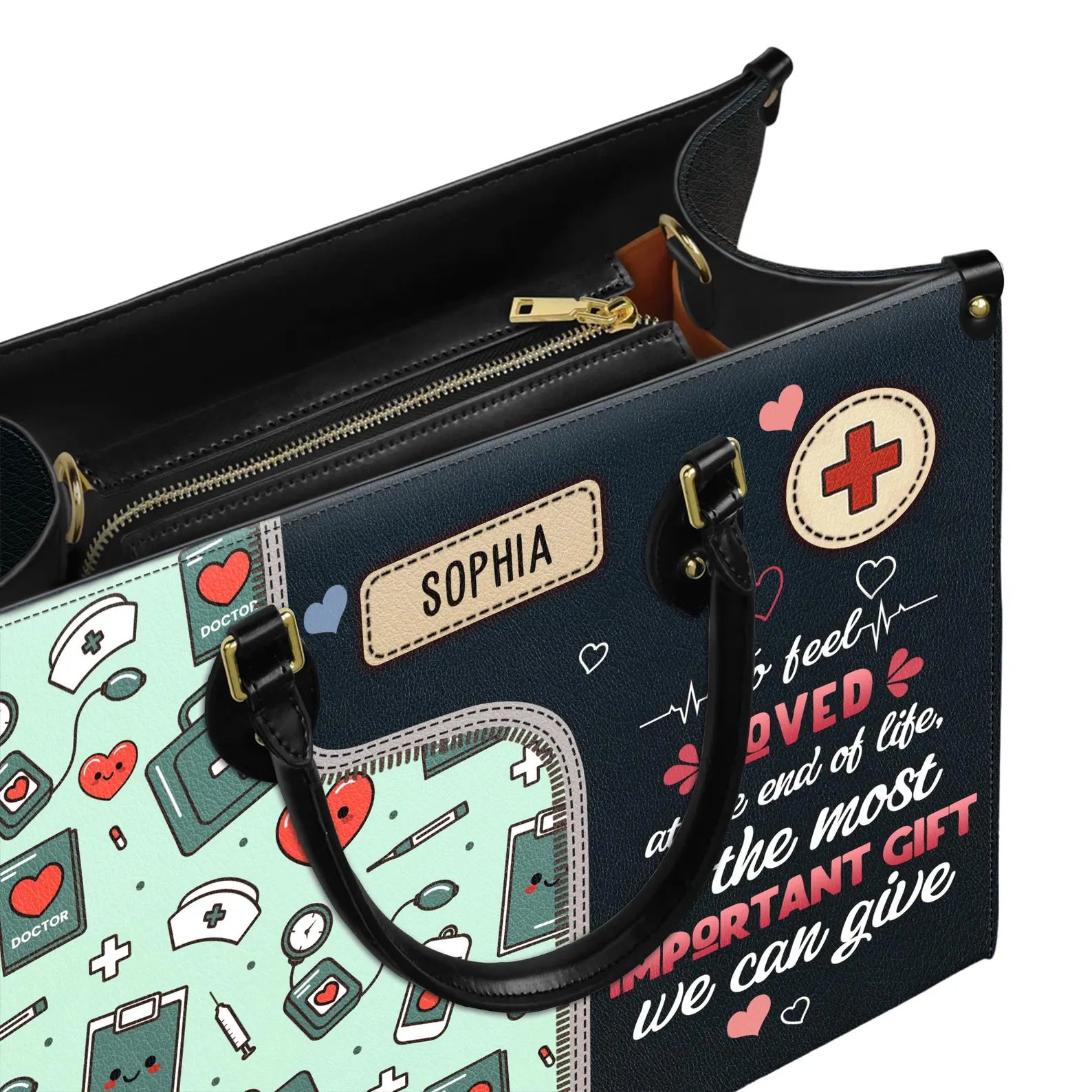 Custom Nurse Leather Handbag : To Feel Loved Is the Most Important Gift – Gift for RN, CNA, Nursing Student , Christmas Gift