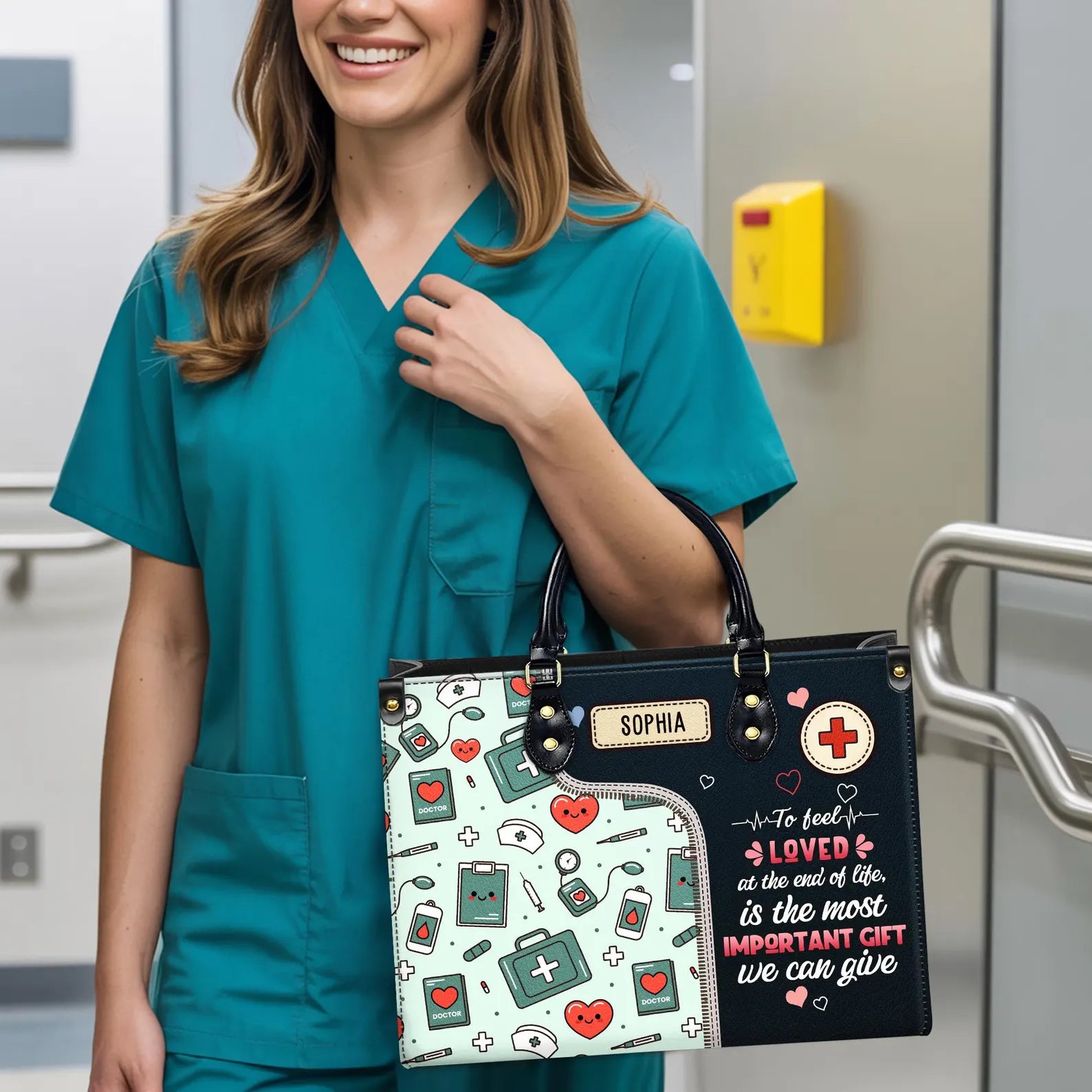 Custom Nurse Leather Handbag : To Feel Loved Is the Most Important Gift – Gift for RN, CNA, Nursing Student , Christmas Gift