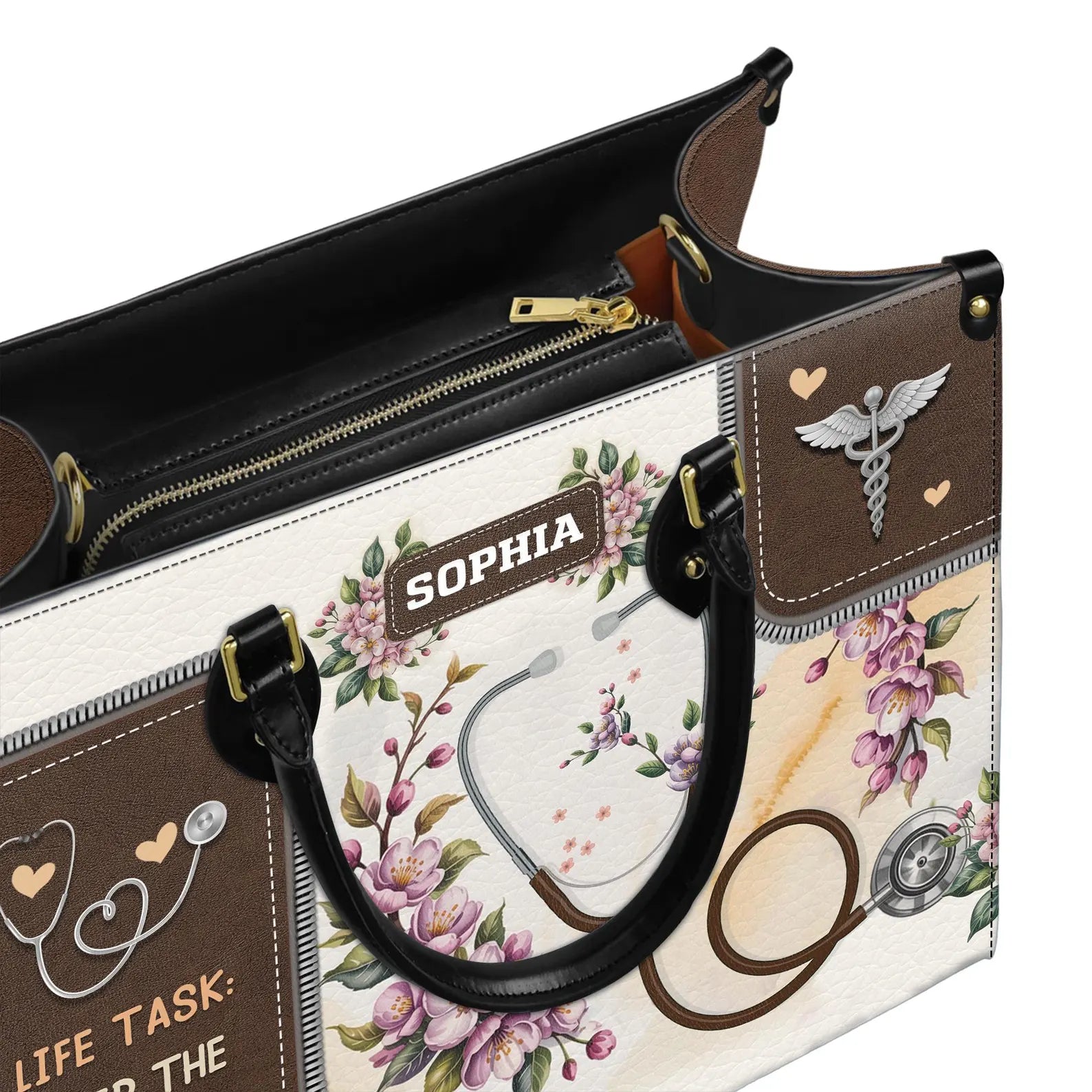 Custom Leather Handbag – Nurse Stethoscope & Floral Design – Personalized Name Handbag – Gift for Nurse , Christmas Gift