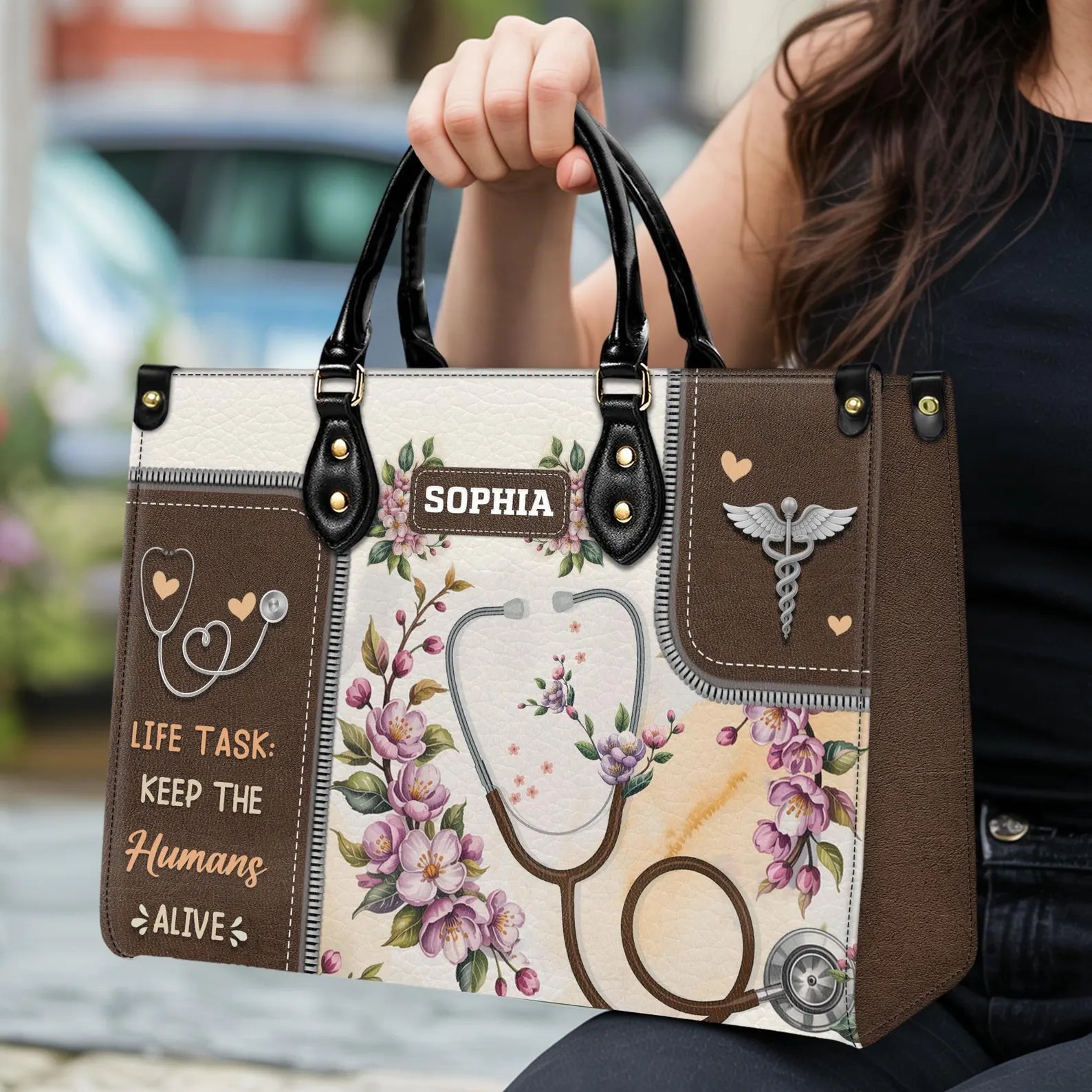 Custom Leather Handbag – Nurse Stethoscope & Floral Design – Personalized Name Handbag – Gift for Nurse , Christmas Gift