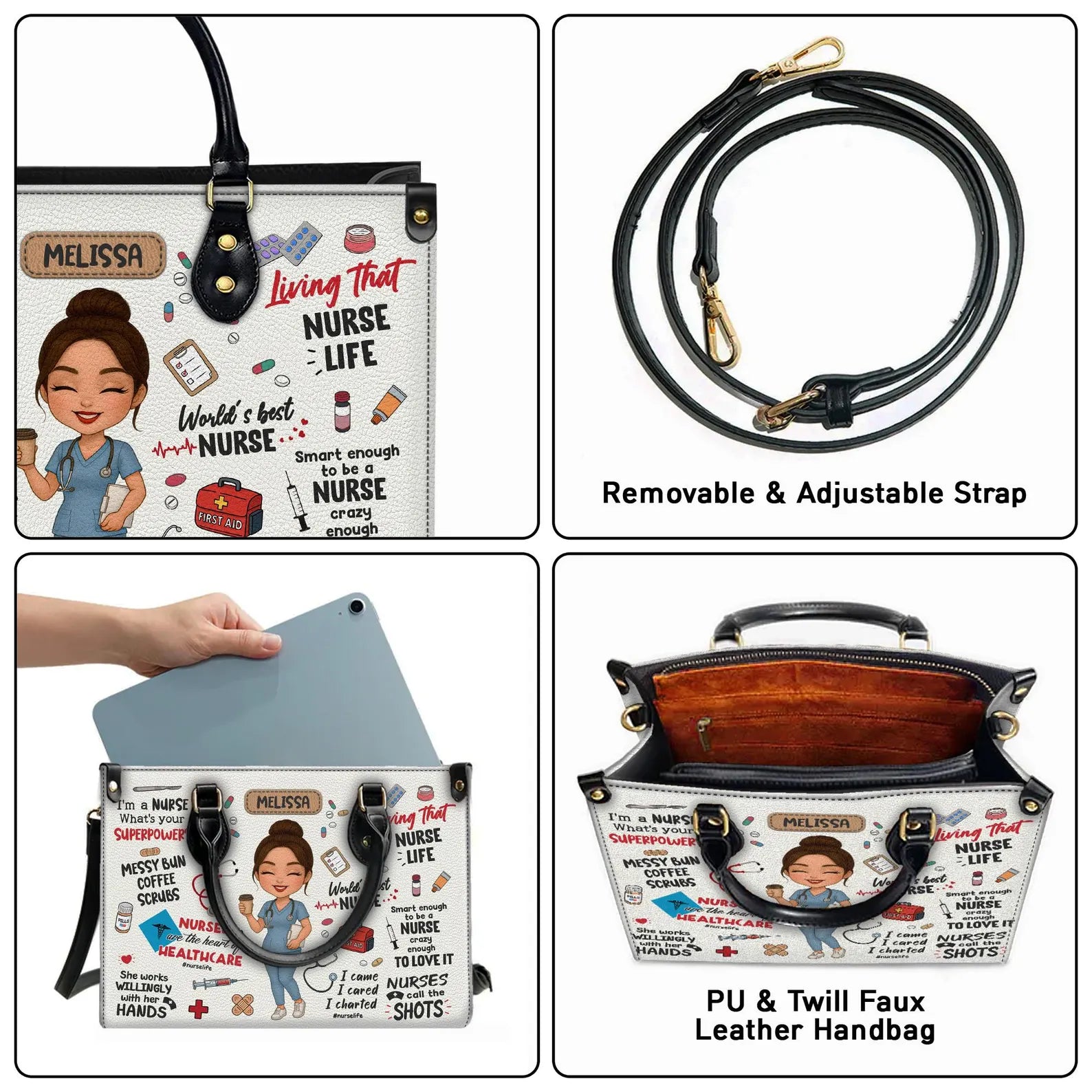 Personalized Nurse Leather Handbag – Custom Name, Scrubs Cartoon, Nurse Life Quotes & Icons – Gift for RN LPN CNA, Christmas Gift