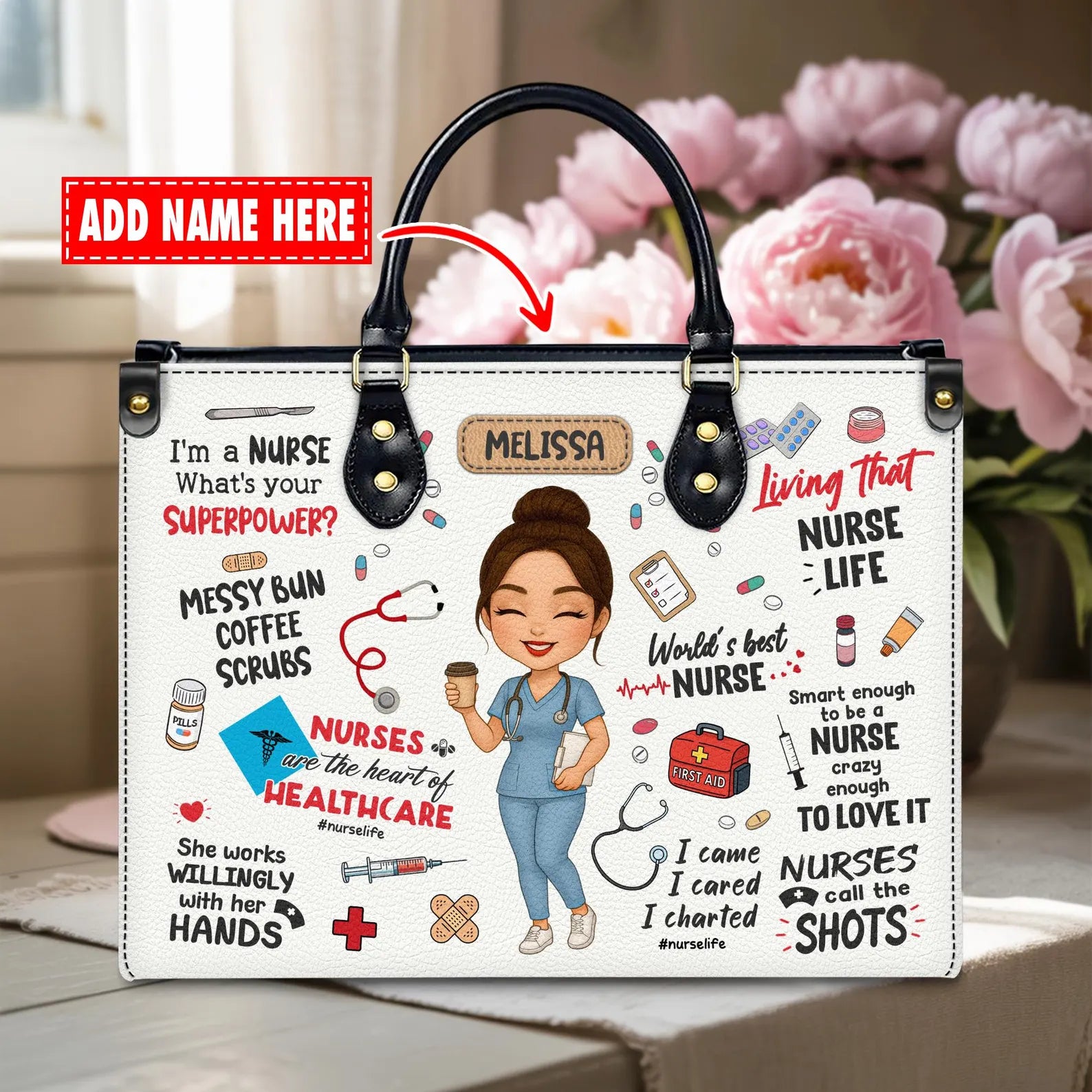 Personalized Nurse Leather Handbag – Custom Name, Scrubs Cartoon, Nurse Life Quotes & Icons – Gift for RN LPN CNA, Christmas Gift