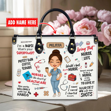 Personalized Nurse Leather Handbag – Custom Name, Scrubs Cartoon, Nurse Life Quotes & Icons – Gift for RN LPN CNA, Christmas Gift