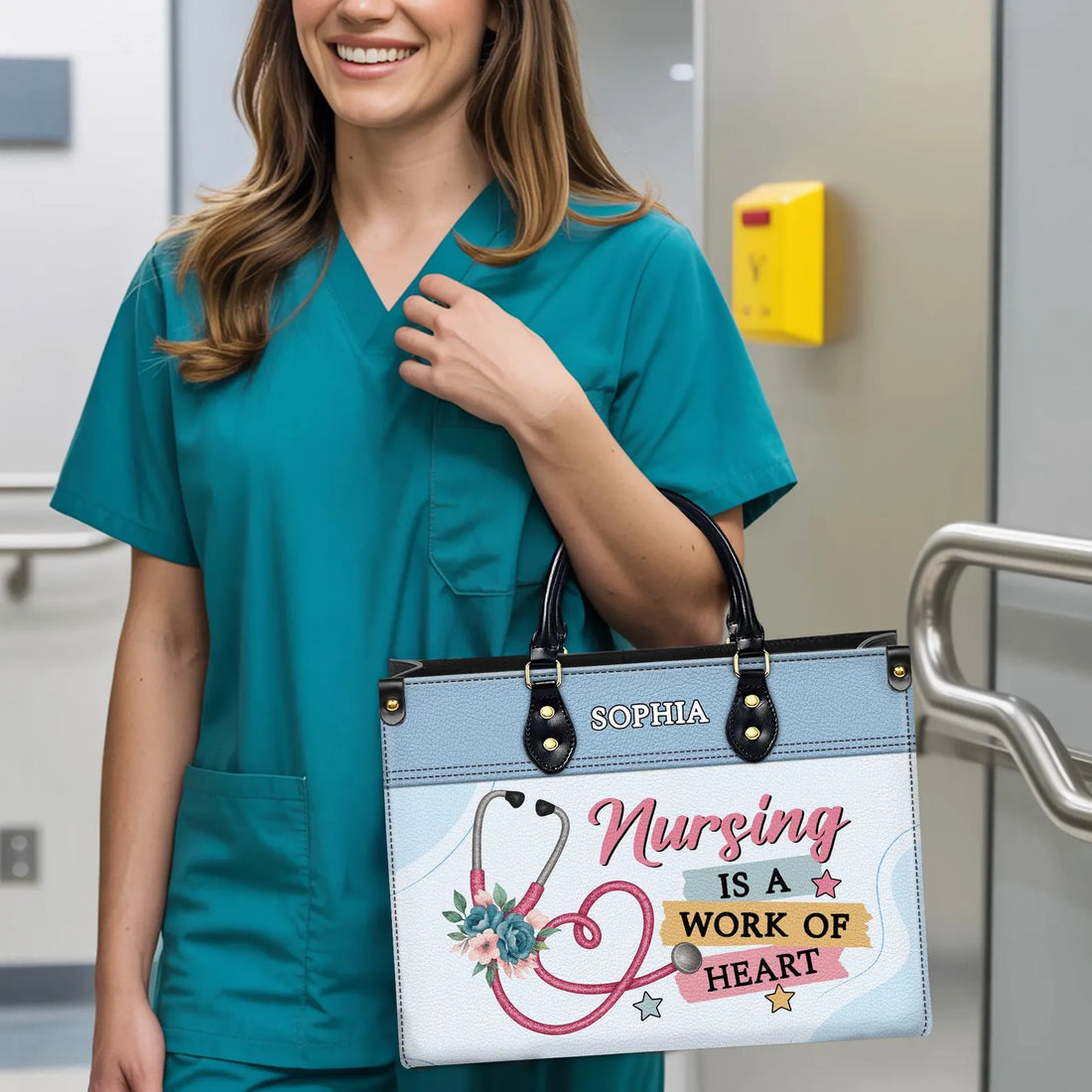 Custom Leather Handbag - Nurse Themed with Floral Stethoscope Design - Personalized Name - Perfect Christmas Gift for Nurses