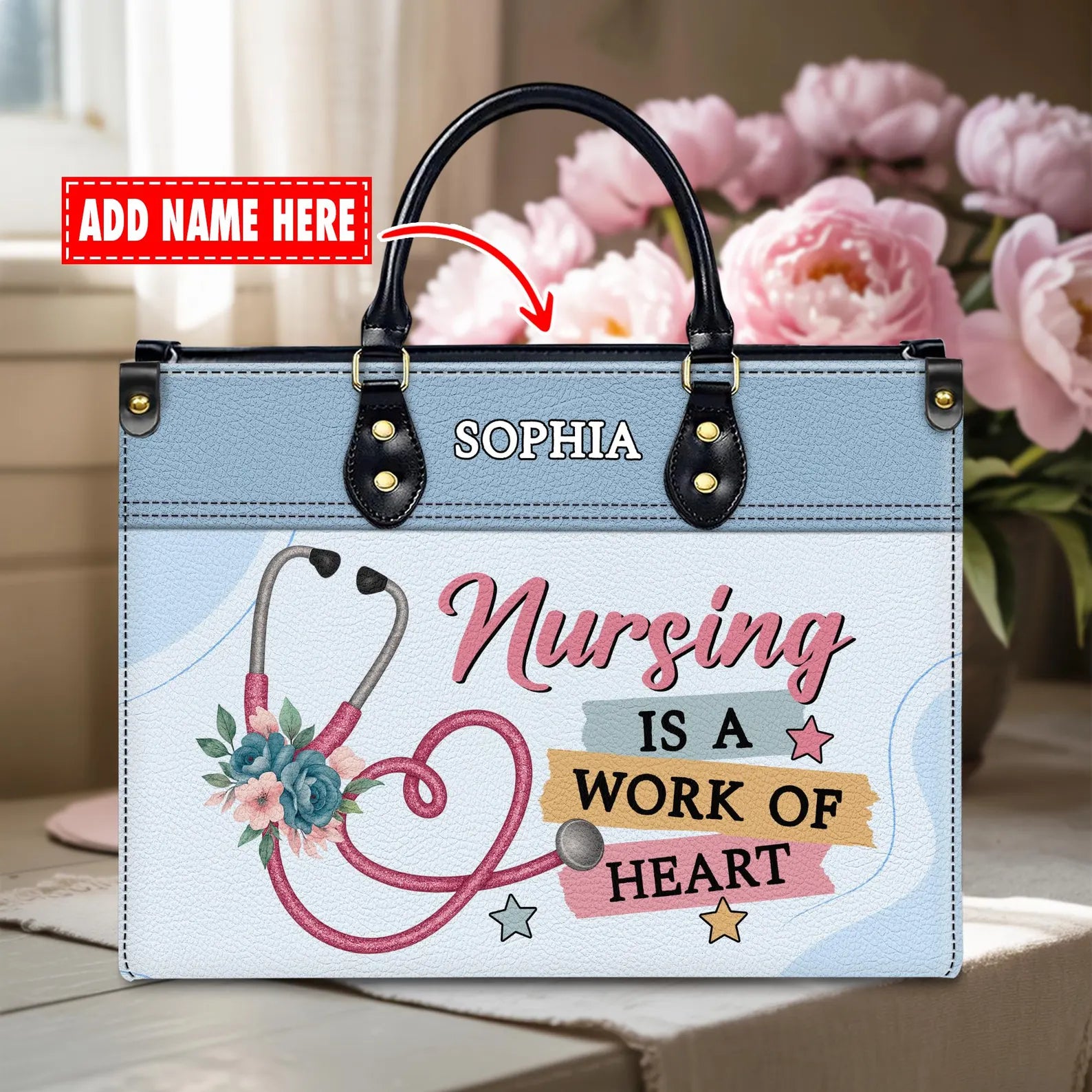 Custom Leather Handbag - Nurse Themed with Floral Stethoscope Design - Personalized Name - Perfect Christmas Gift for Nurses