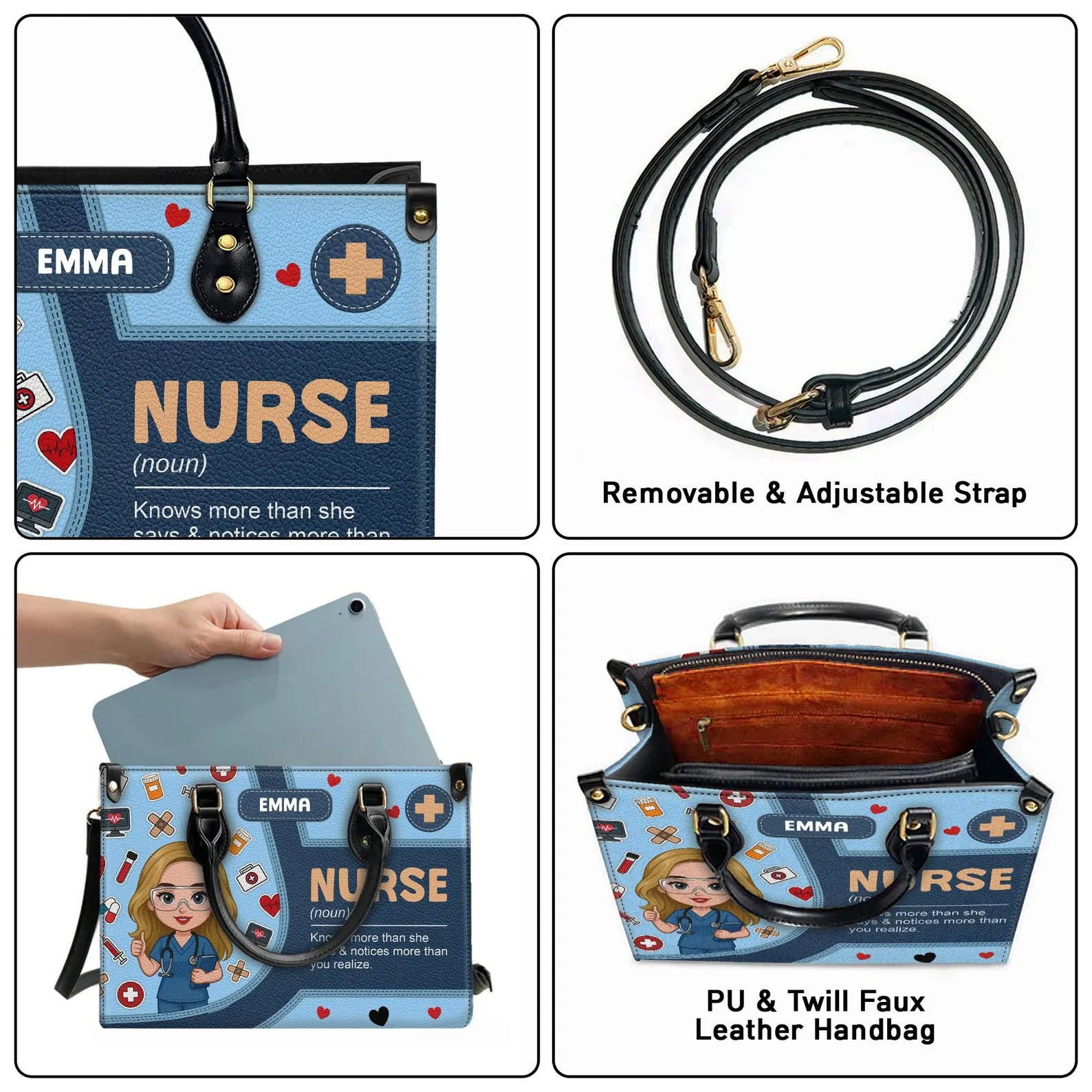 Custom Leather Handbag: Nurse Design - Knows more than she says – Perfect Gift for Nurses, Christmas Gift
