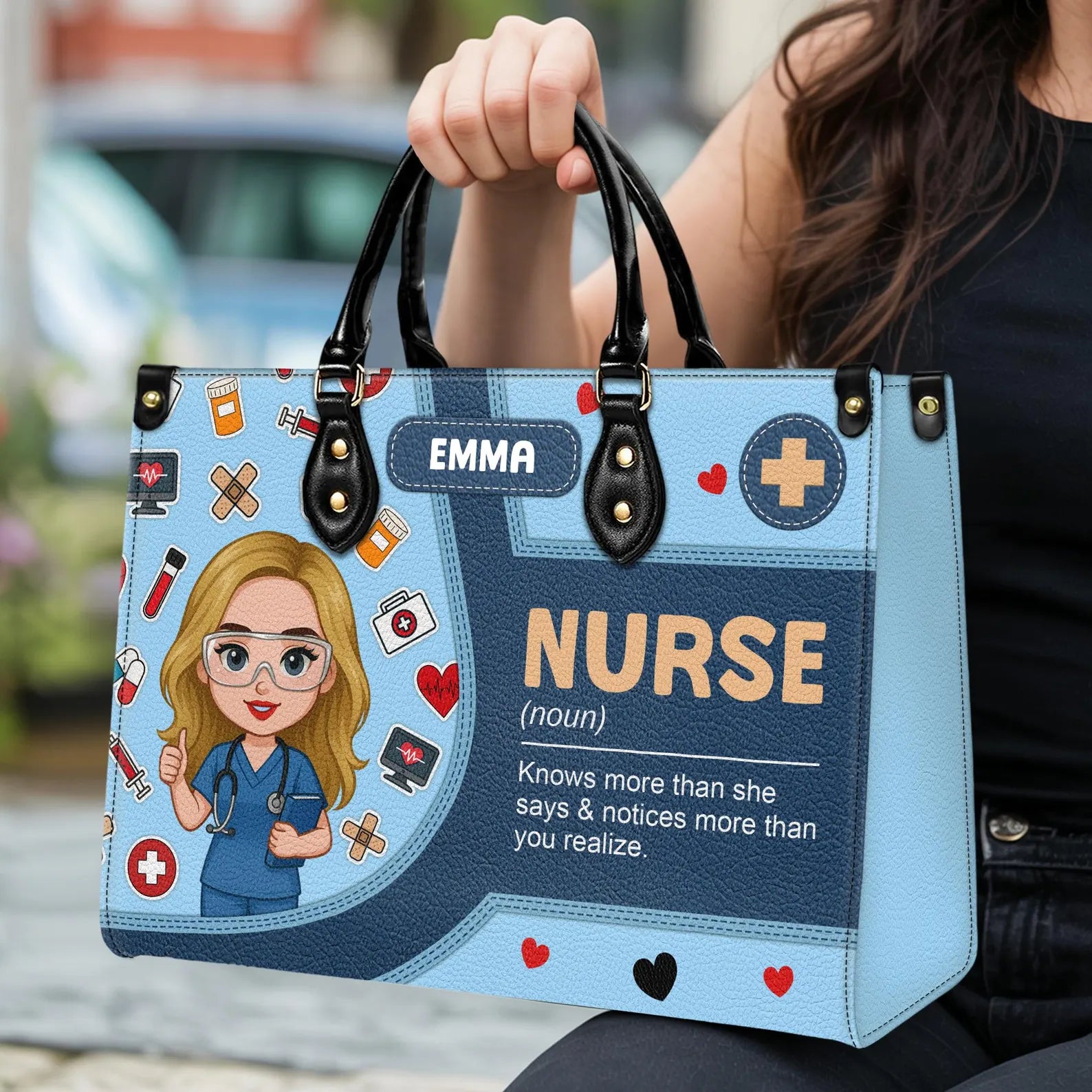 Custom Leather Handbag: Nurse Design - Knows more than she says – Perfect Gift for Nurses, Christmas Gift