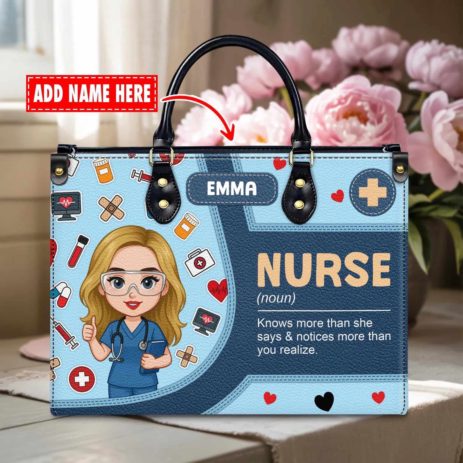 Custom Leather Handbag: Nurse Design - Knows more than she says – Perfect Gift for Nurses, Christmas Gift