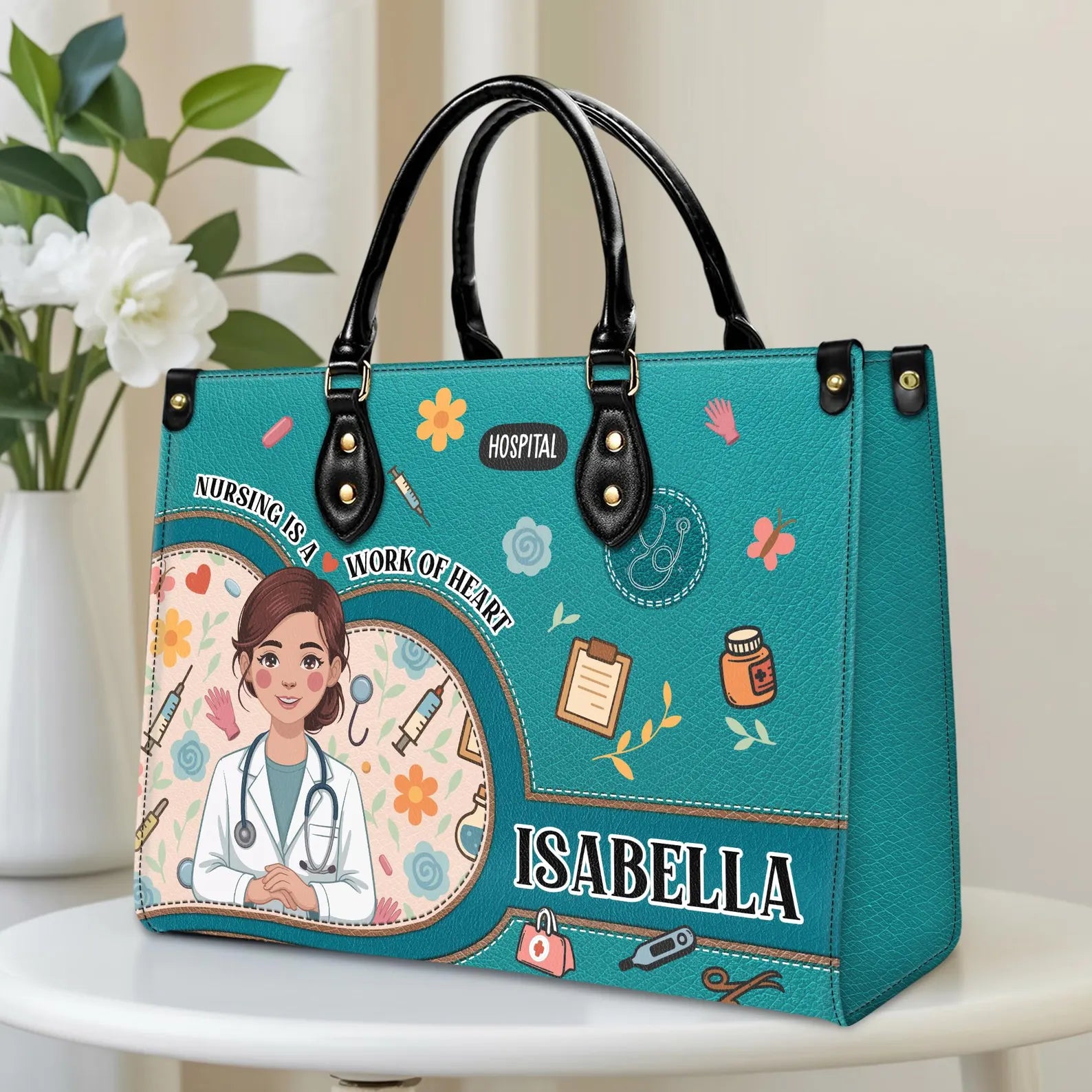 Custom Leather Handbag–Nurse Appreciation Design with Medical Icon Personalized Name–Gift for Healthcare Worker,Nurse Student–Christmas Gift