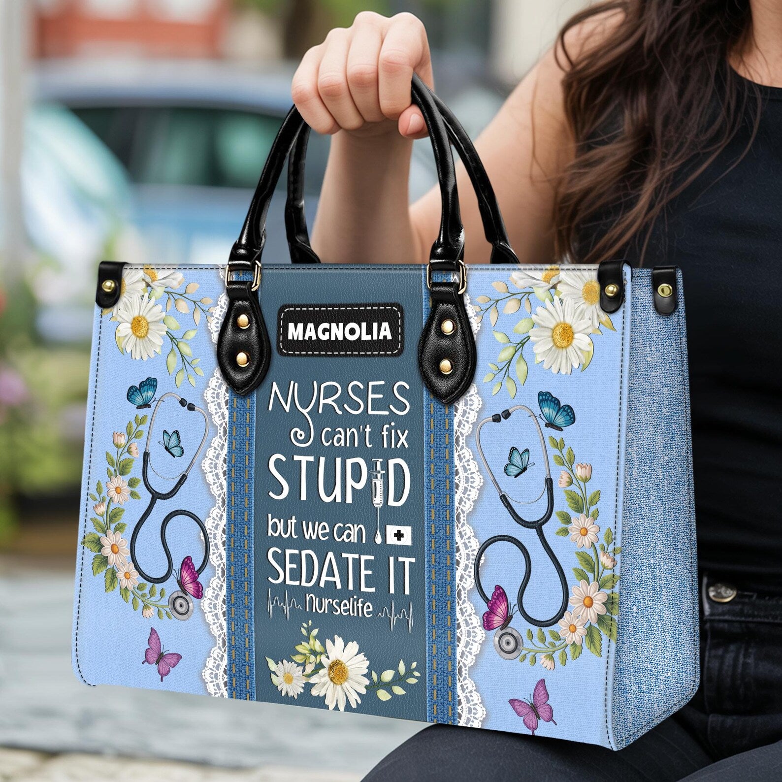 Custom Leather Handbag – Nurse Gift with Name – Stethoscope Floral Print, Funny Nurse Quote Tote – Personalized Nursing Christmas Gift