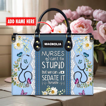 Custom Leather Handbag – Nurse Gift with Name – Stethoscope Floral Print, Funny Nurse Quote Tote – Personalized Nursing Christmas Gift