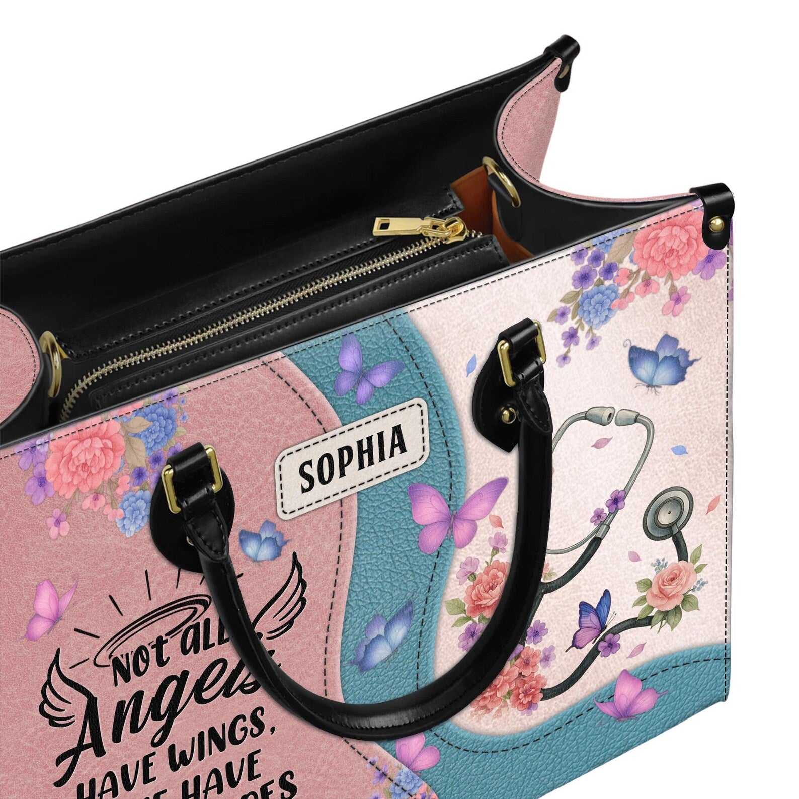 Custom Leather Handbag Nurse - Stethoscope & Butterfly Floral Pastel, Custom Name Bag - Gift for Nurse RN CNA,Nursing Student,Christmas Gift