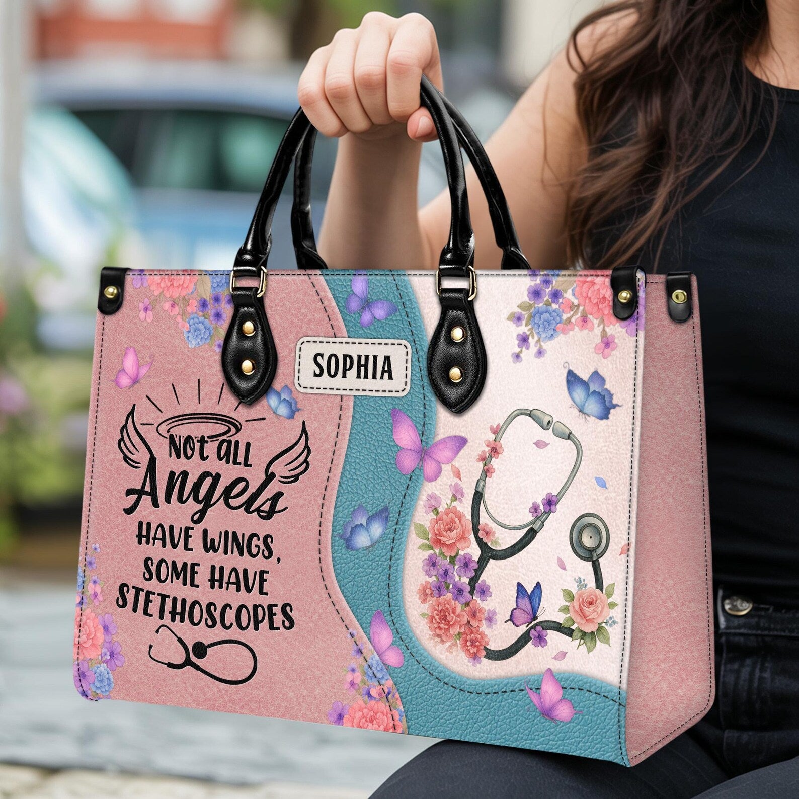 Custom Leather Handbag Nurse - Stethoscope & Butterfly Floral Pastel, Custom Name Bag - Gift for Nurse RN CNA,Nursing Student,Christmas Gift