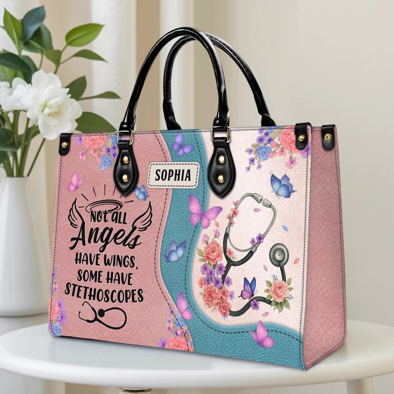 Custom Leather Handbag Nurse - Stethoscope & Butterfly Floral Pastel, Custom Name Bag - Gift for Nurse RN CNA,Nursing Student,Christmas Gift
