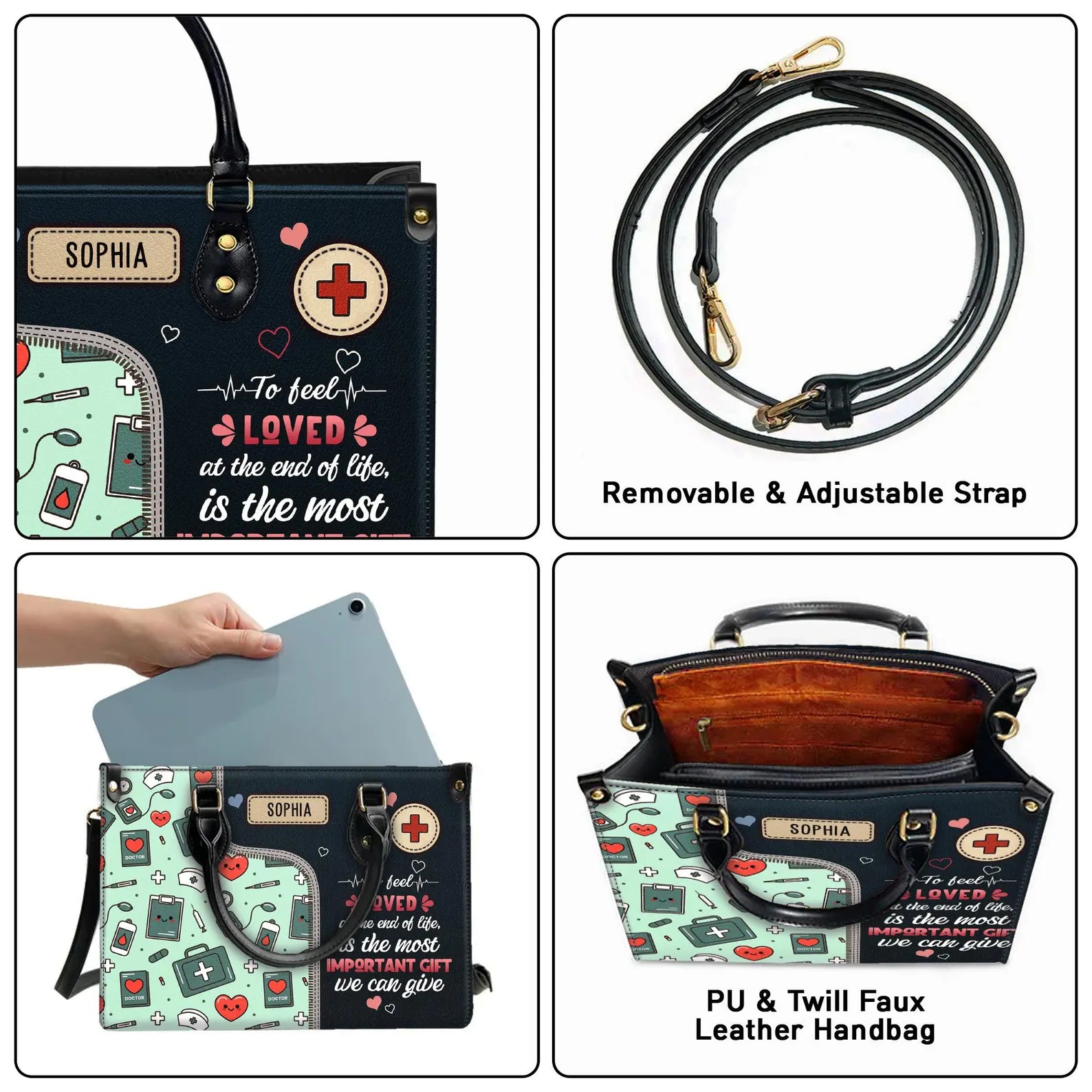 Custom Nurse Leather Handbag : To Feel Loved Is the Most Important Gift – Gift for RN, CNA, Nursing Student , Christmas Gift