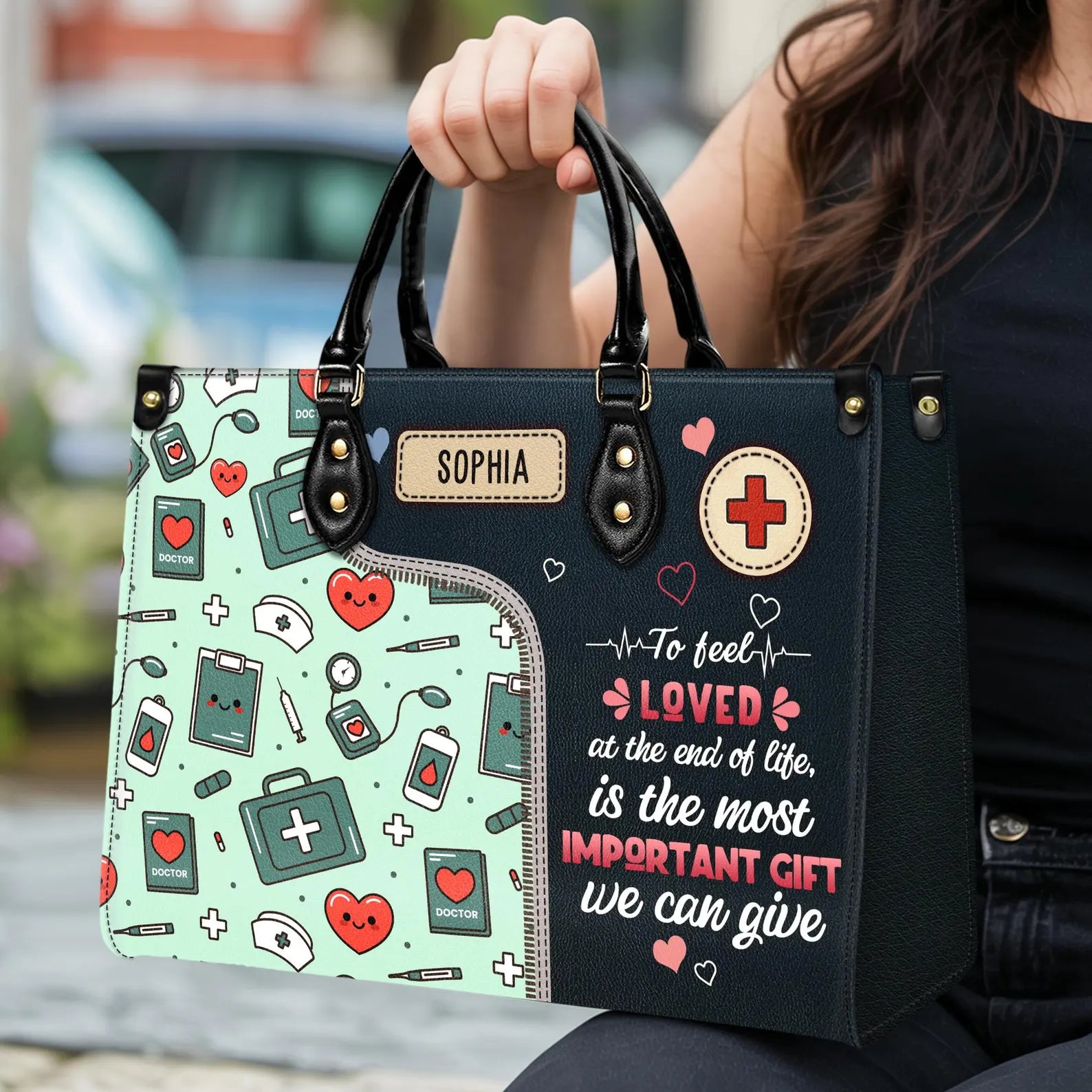 Custom Nurse Leather Handbag : To Feel Loved Is the Most Important Gift – Gift for RN, CNA, Nursing Student , Christmas Gift