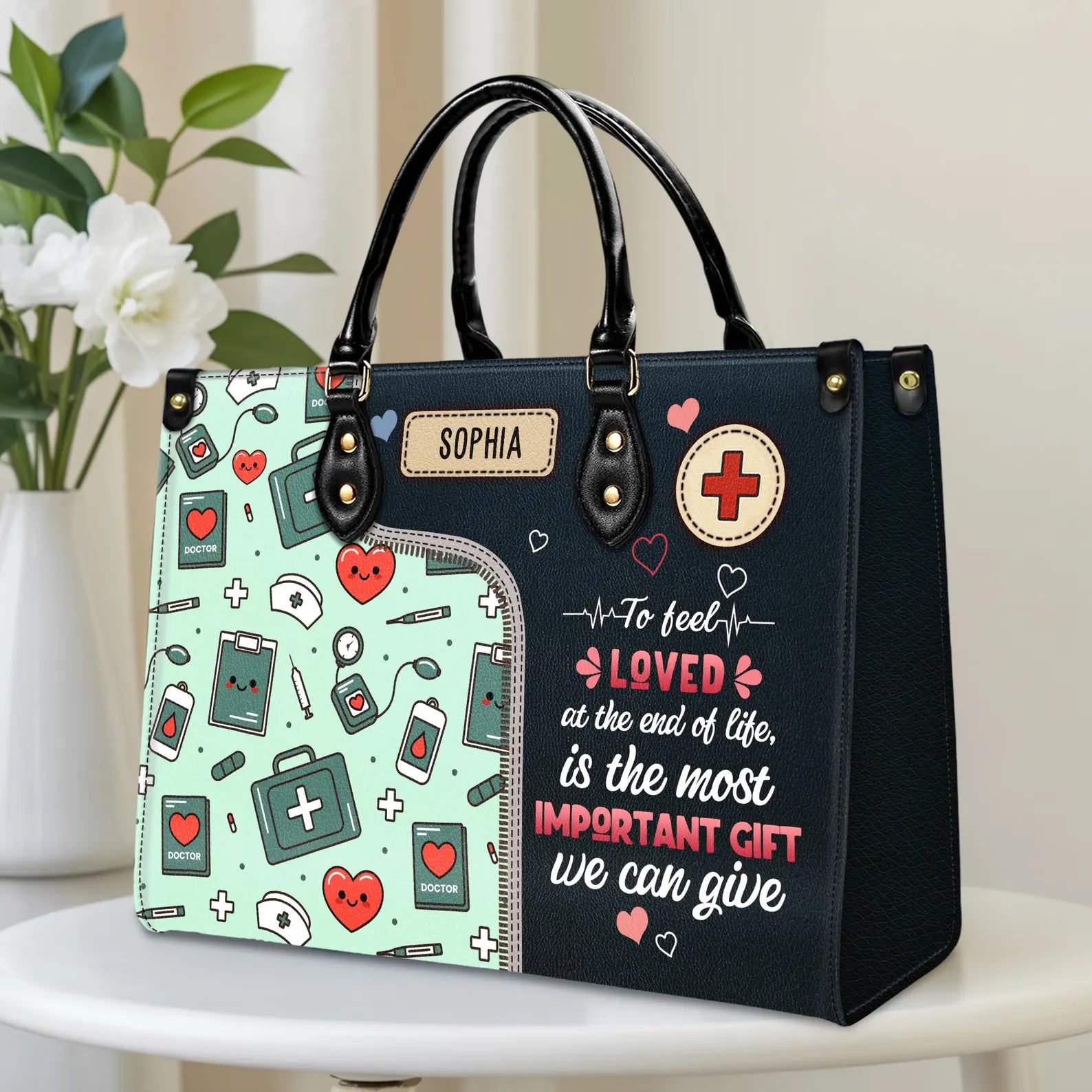 Custom Nurse Leather Handbag : To Feel Loved Is the Most Important Gift – Gift for RN, CNA, Nursing Student , Christmas Gift