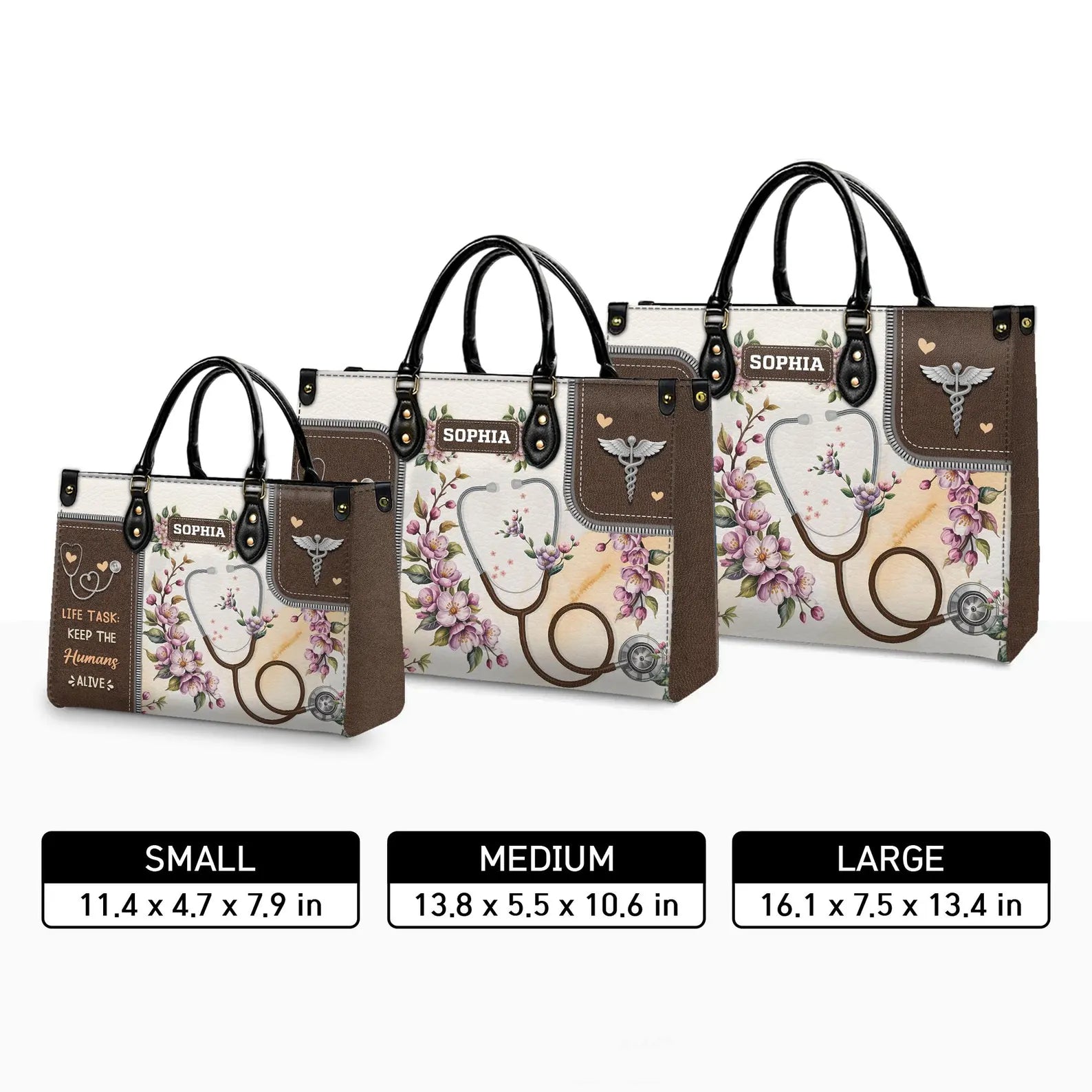 Custom Leather Handbag – Nurse Stethoscope & Floral Design – Personalized Name Handbag – Gift for Nurse , Christmas Gift