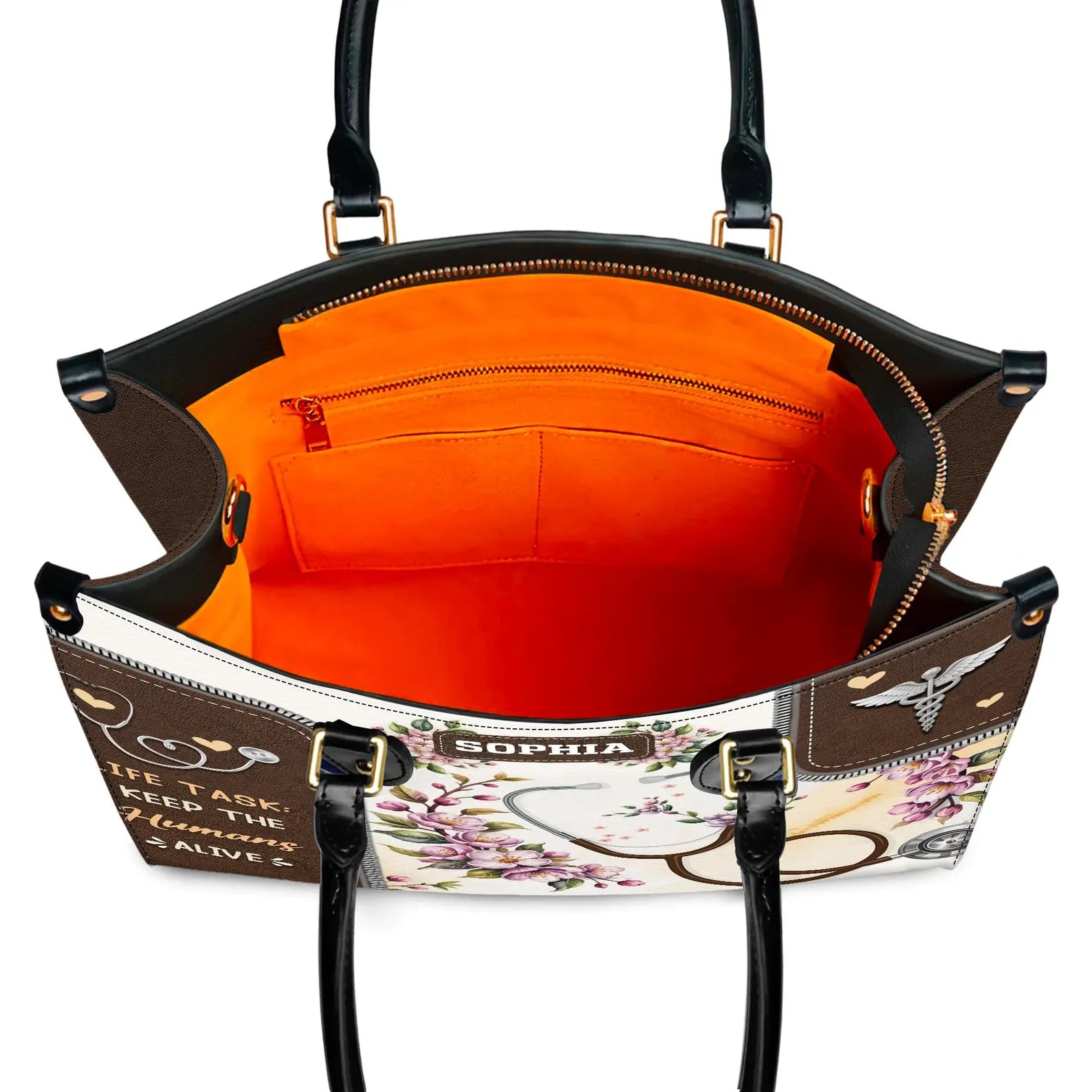 Custom Leather Handbag – Nurse Stethoscope & Floral Design – Personalized Name Handbag – Gift for Nurse , Christmas Gift