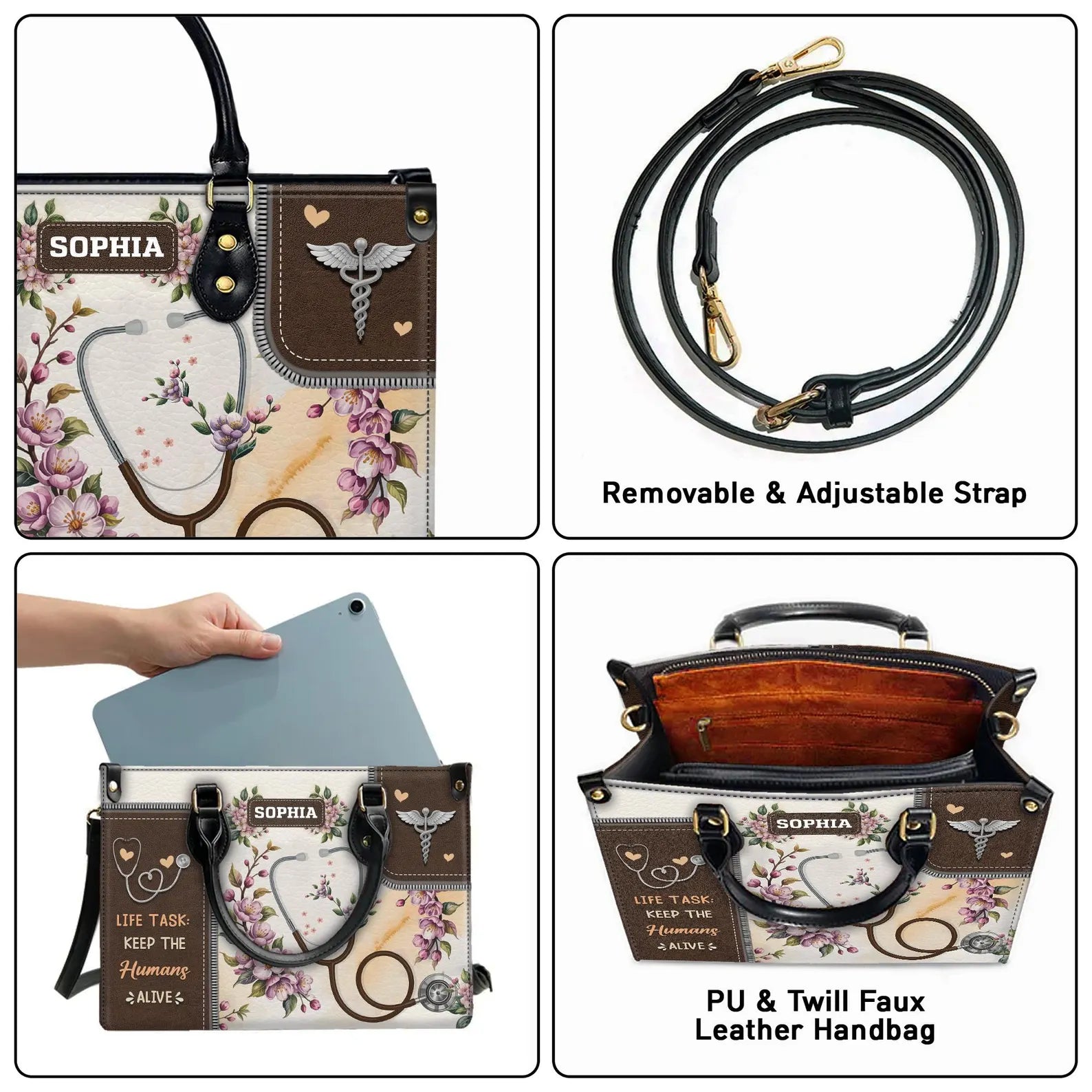 Custom Leather Handbag – Nurse Stethoscope & Floral Design – Personalized Name Handbag – Gift for Nurse , Christmas Gift