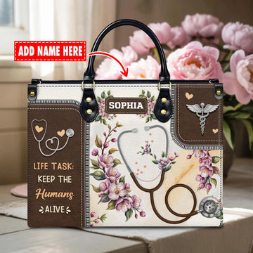 Custom Leather Handbag – Nurse Stethoscope & Floral Design – Personalized Name Handbag – Gift for Nurse , Christmas Gift