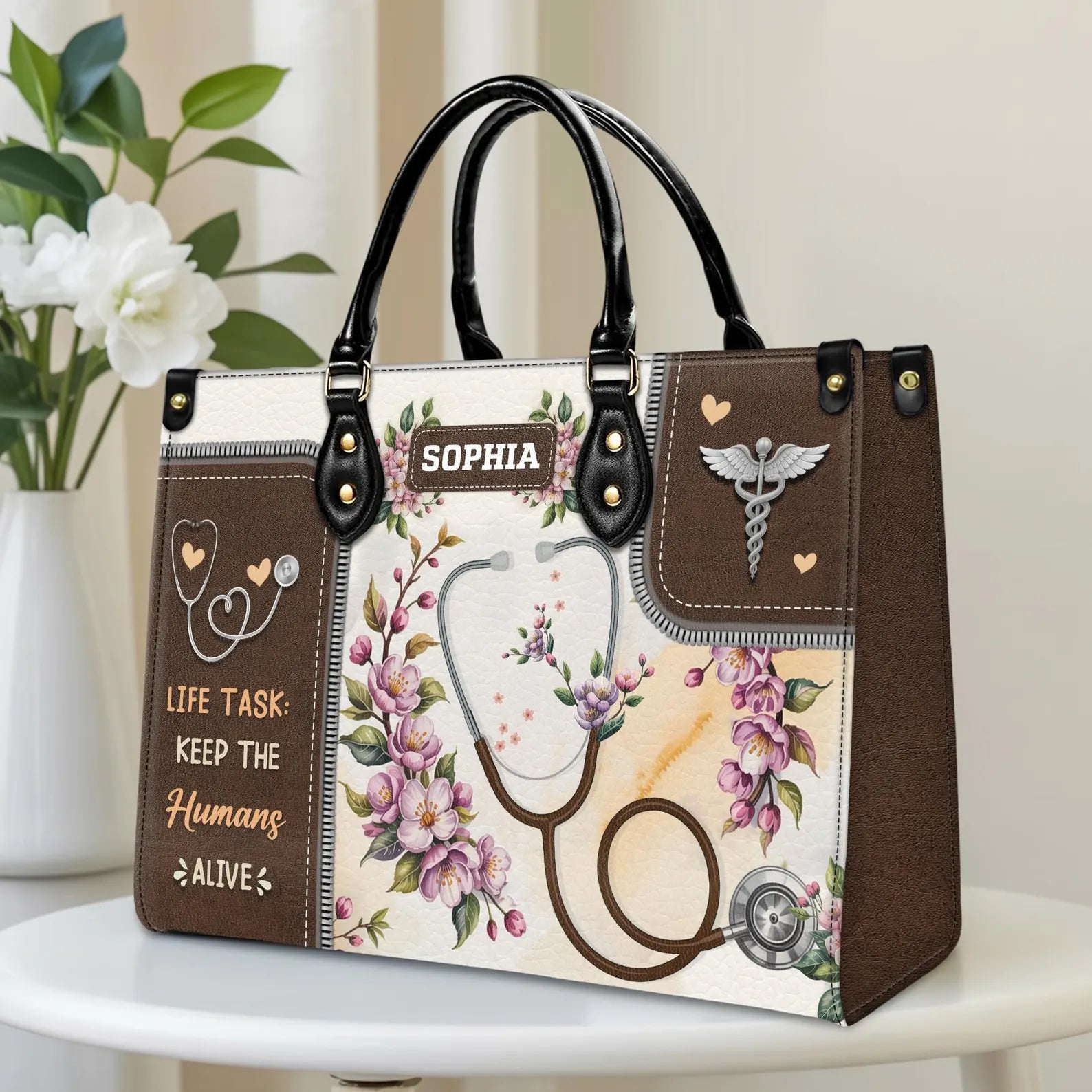Custom Leather Handbag – Nurse Stethoscope & Floral Design – Personalized Name Handbag – Gift for Nurse , Christmas Gift