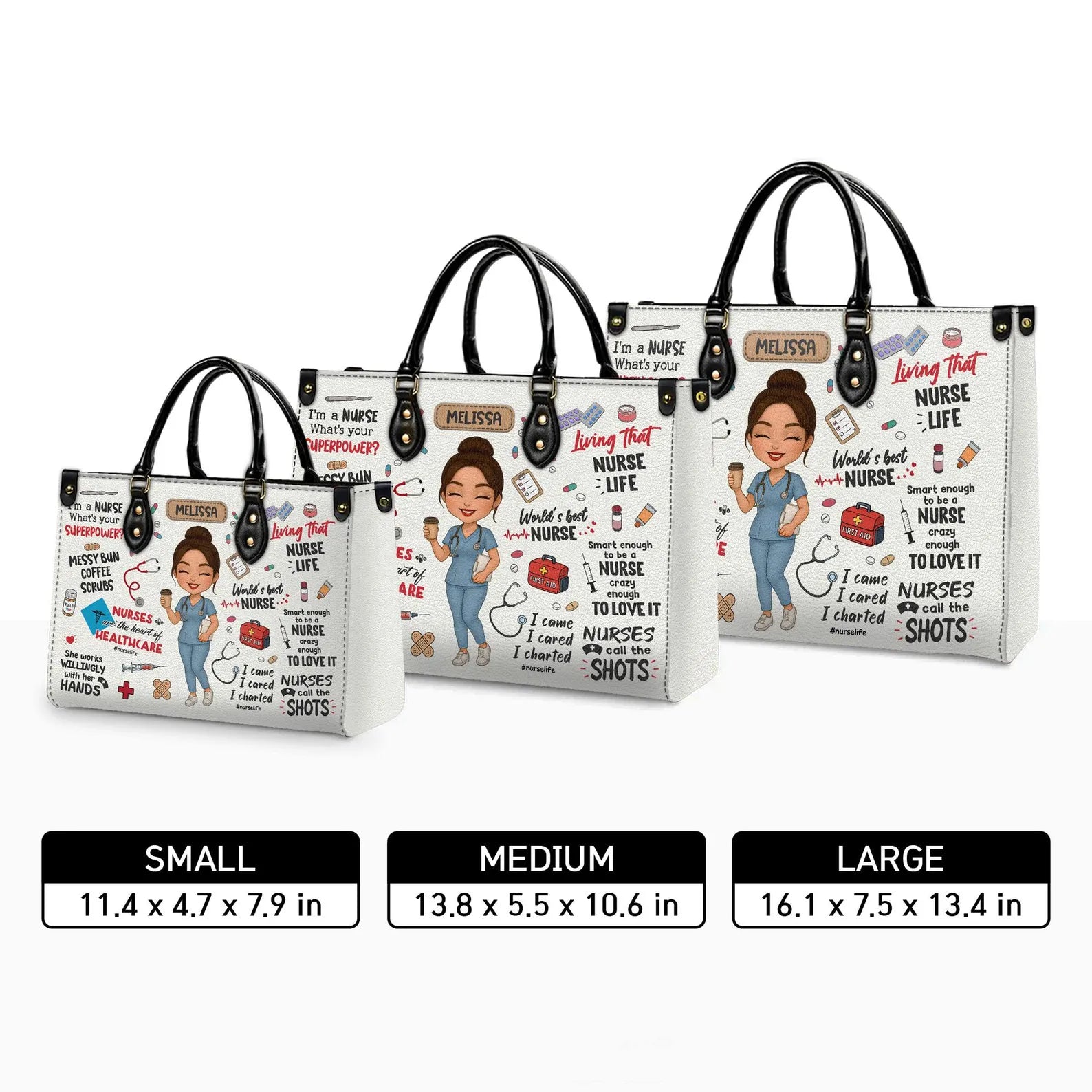 Personalized Nurse Leather Handbag – Custom Name, Scrubs Cartoon, Nurse Life Quotes & Icons – Gift for RN LPN CNA, Christmas Gift