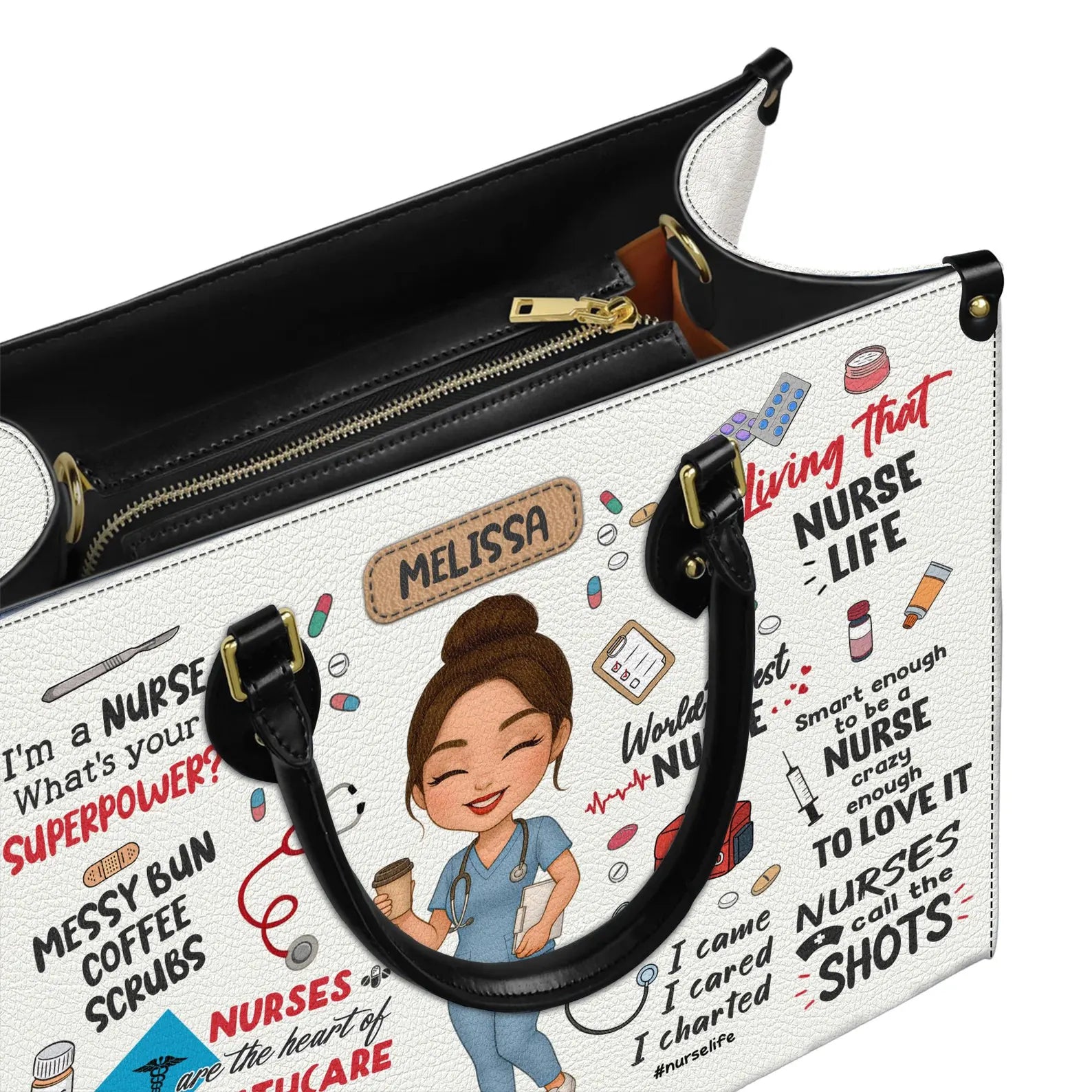 Personalized Nurse Leather Handbag – Custom Name, Scrubs Cartoon, Nurse Life Quotes & Icons – Gift for RN LPN CNA, Christmas Gift