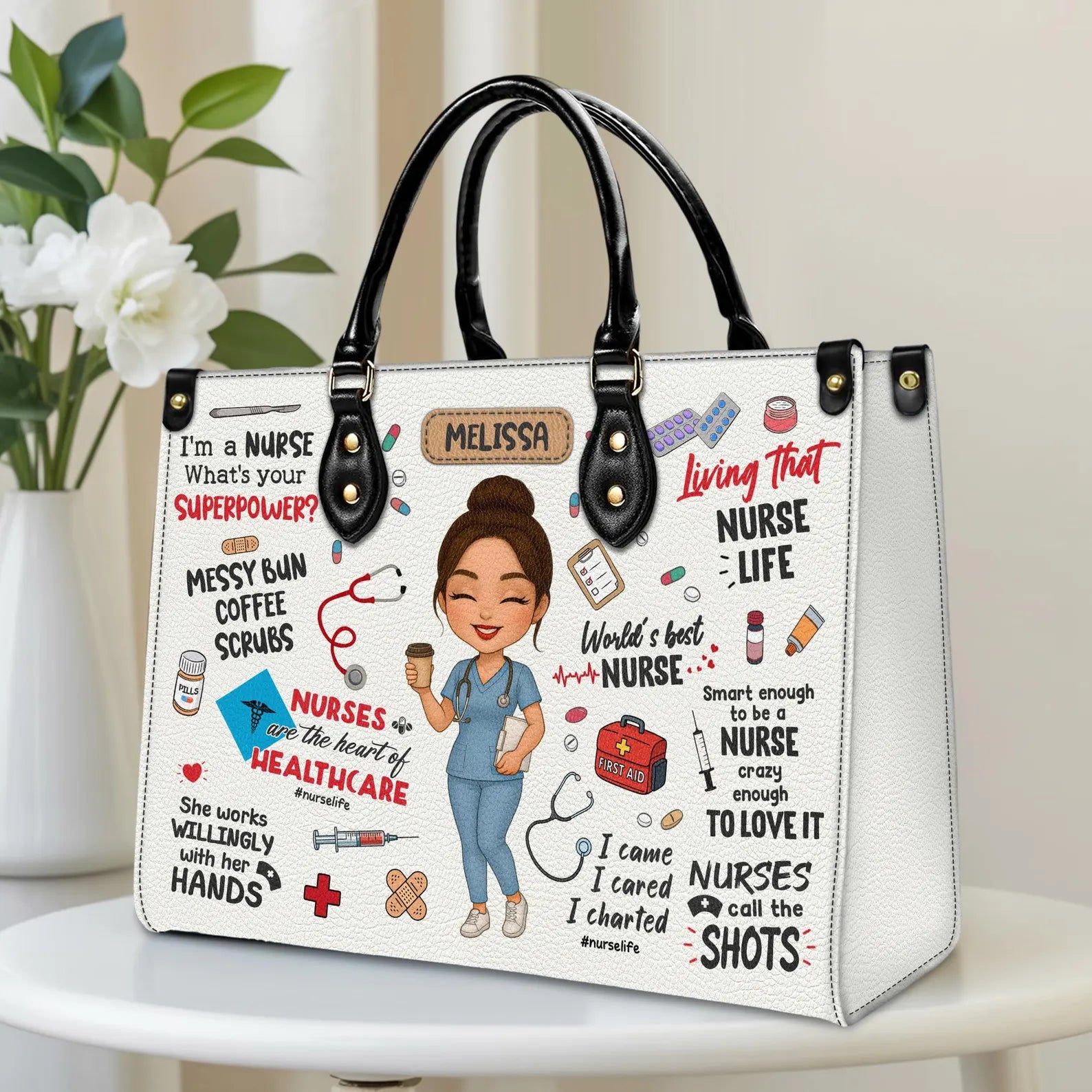 Personalized Nurse Leather Handbag – Custom Name, Scrubs Cartoon, Nurse Life Quotes & Icons – Gift for RN LPN CNA, Christmas Gift