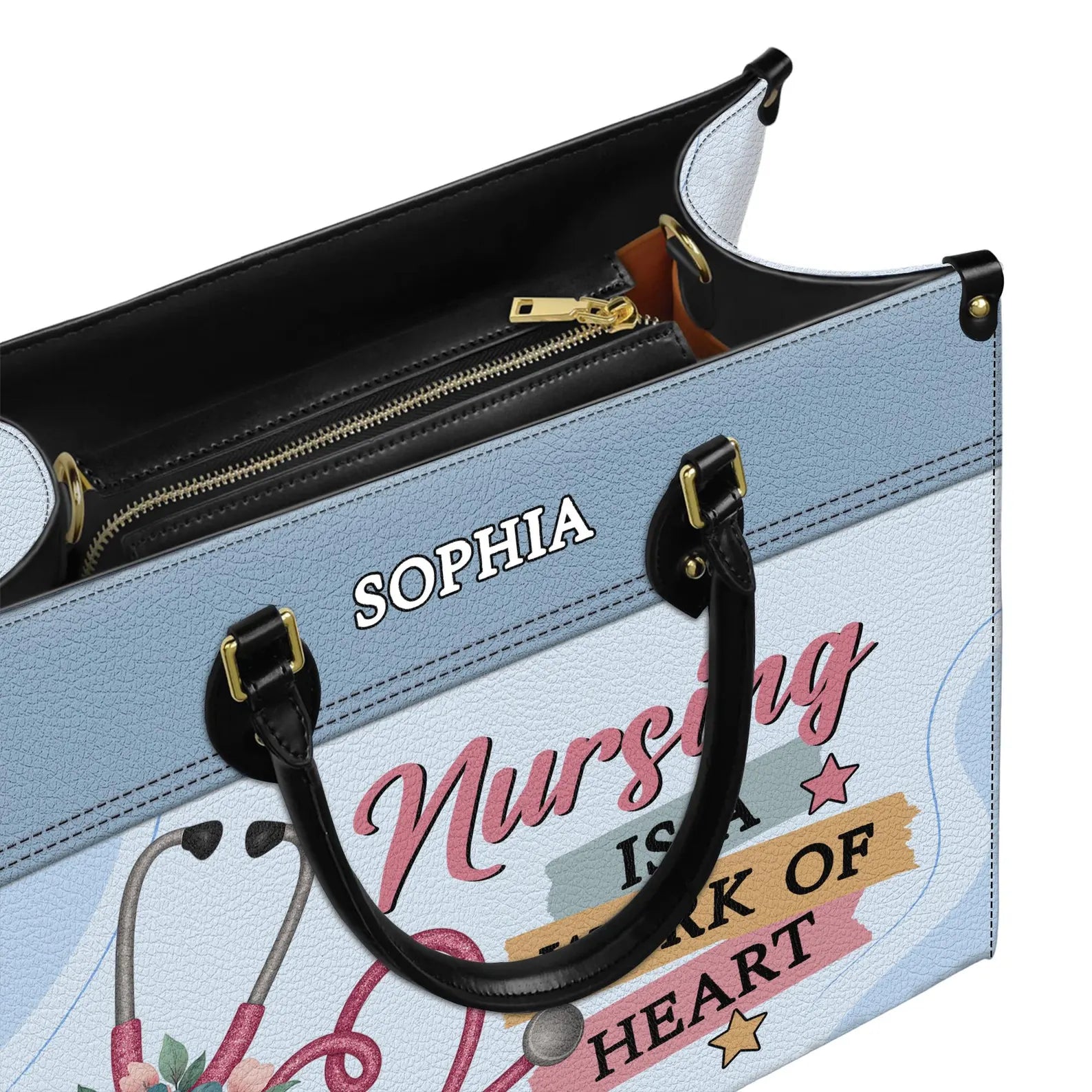 Custom Leather Handbag - Nurse Themed with Floral Stethoscope Design - Personalized Name - Perfect Christmas Gift for Nurses