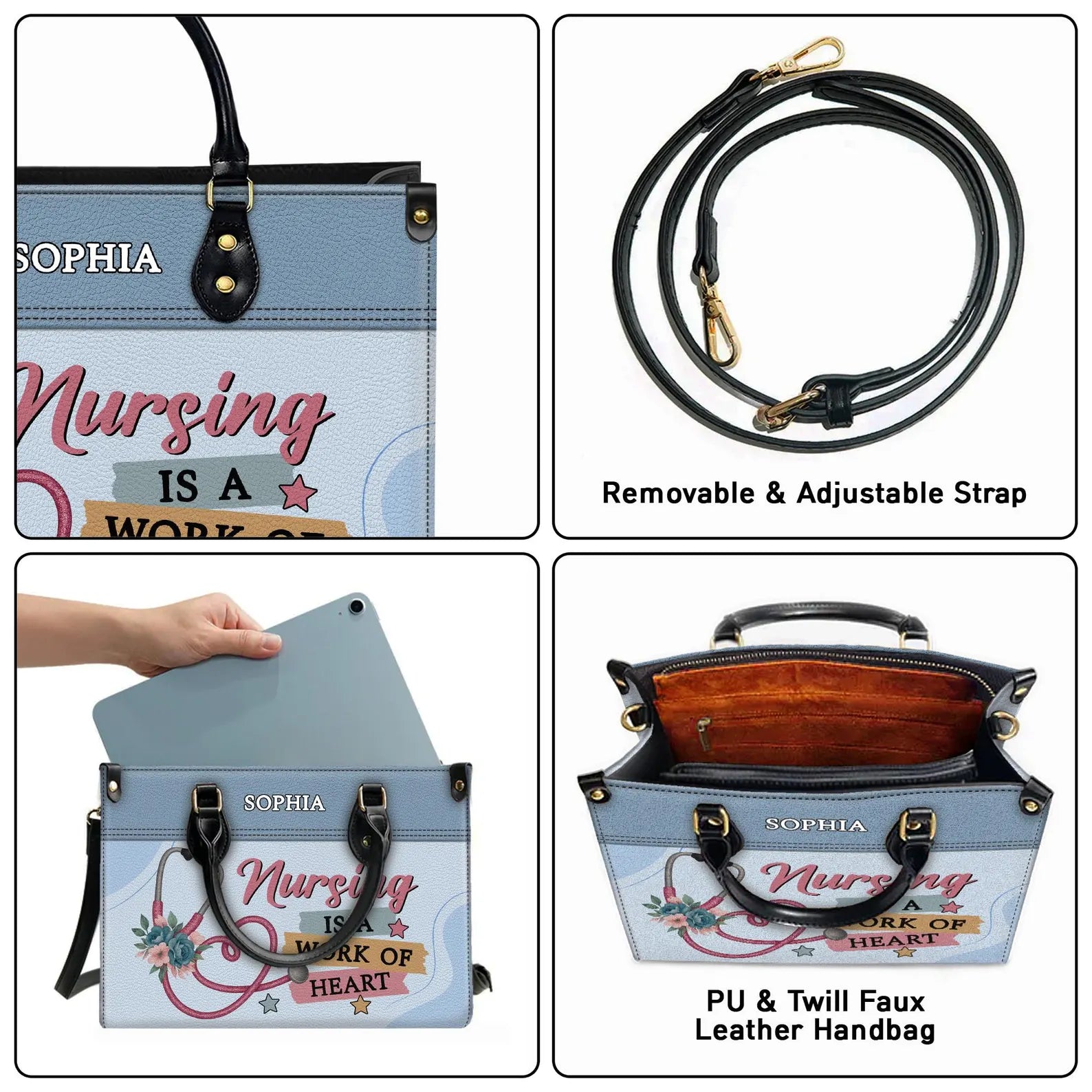 Custom Leather Handbag - Nurse Themed with Floral Stethoscope Design - Personalized Name - Perfect Christmas Gift for Nurses