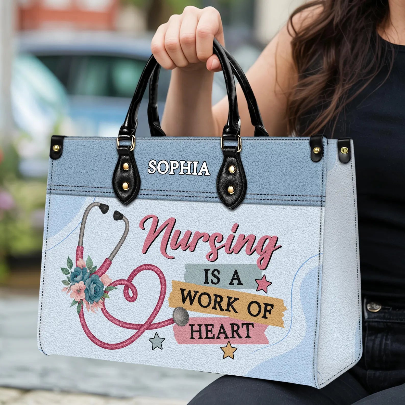 Custom Leather Handbag - Nurse Themed with Floral Stethoscope Design - Personalized Name - Perfect Christmas Gift for Nurses