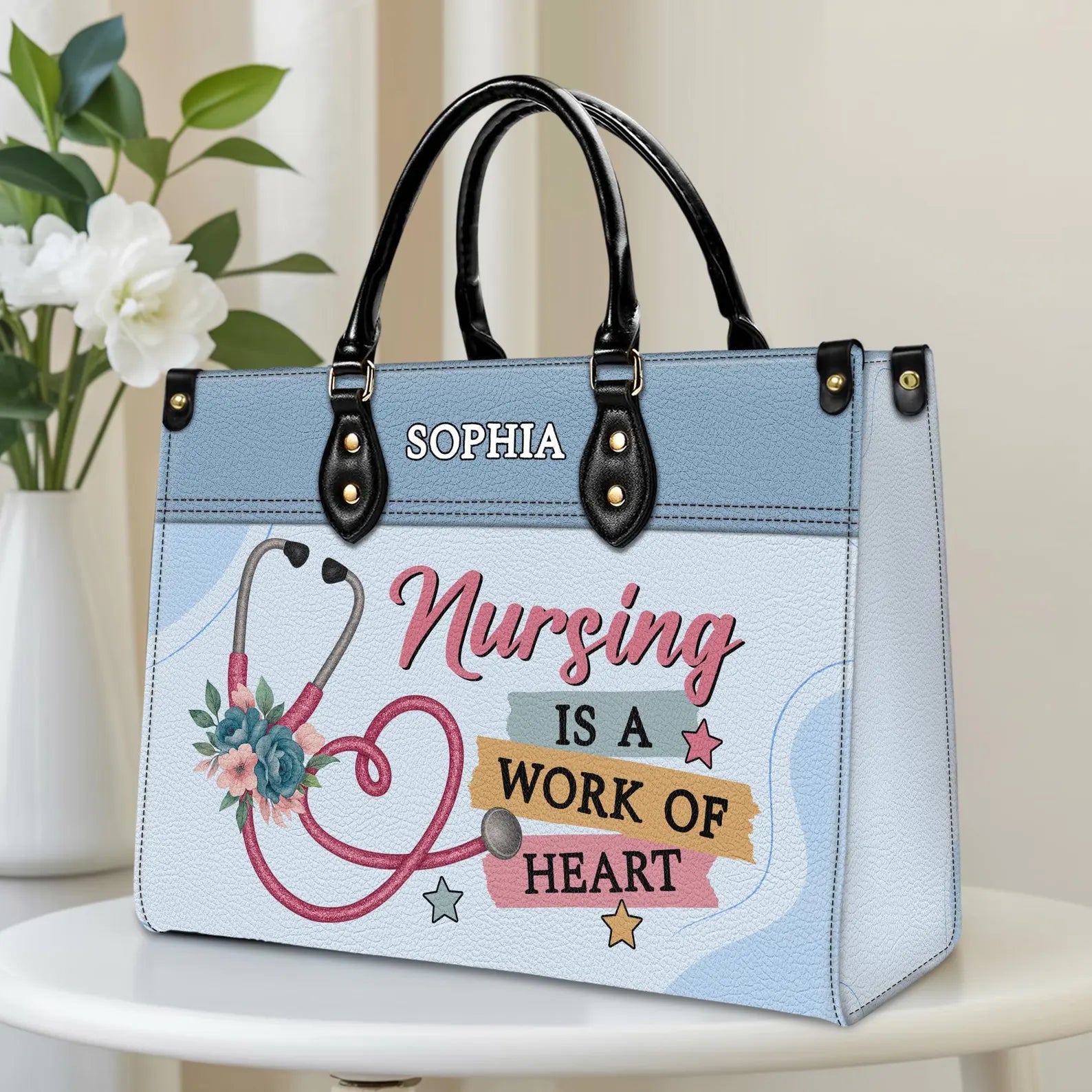 Custom Leather Handbag - Nurse Themed with Floral Stethoscope Design - Personalized Name - Perfect Christmas Gift for Nurses