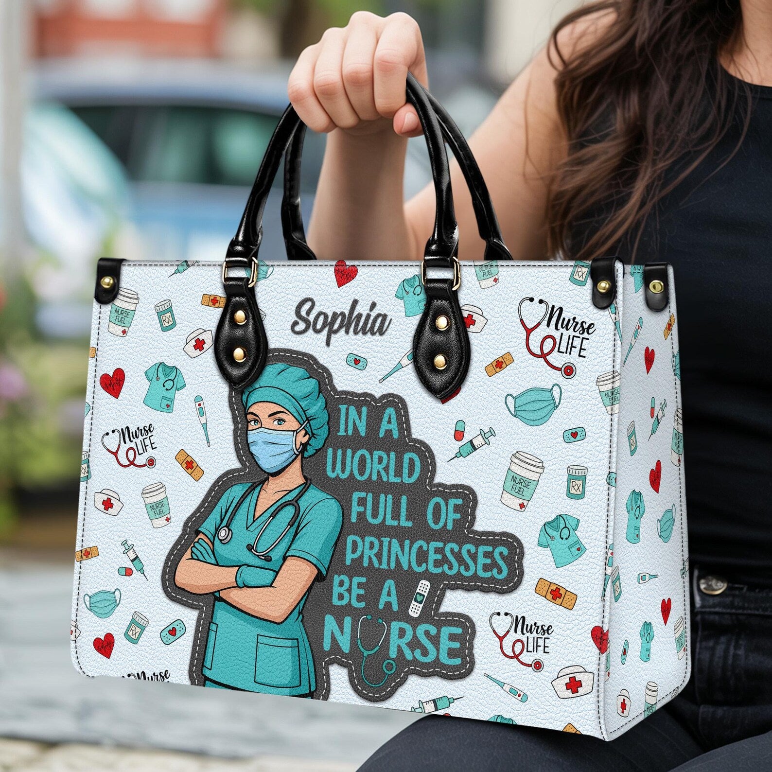 Custom Leather Handbag - Nurse Life Theme - Personalized with Your Name - In a World Full of Princesses, Be a Nurse Quote - Christmas Gift