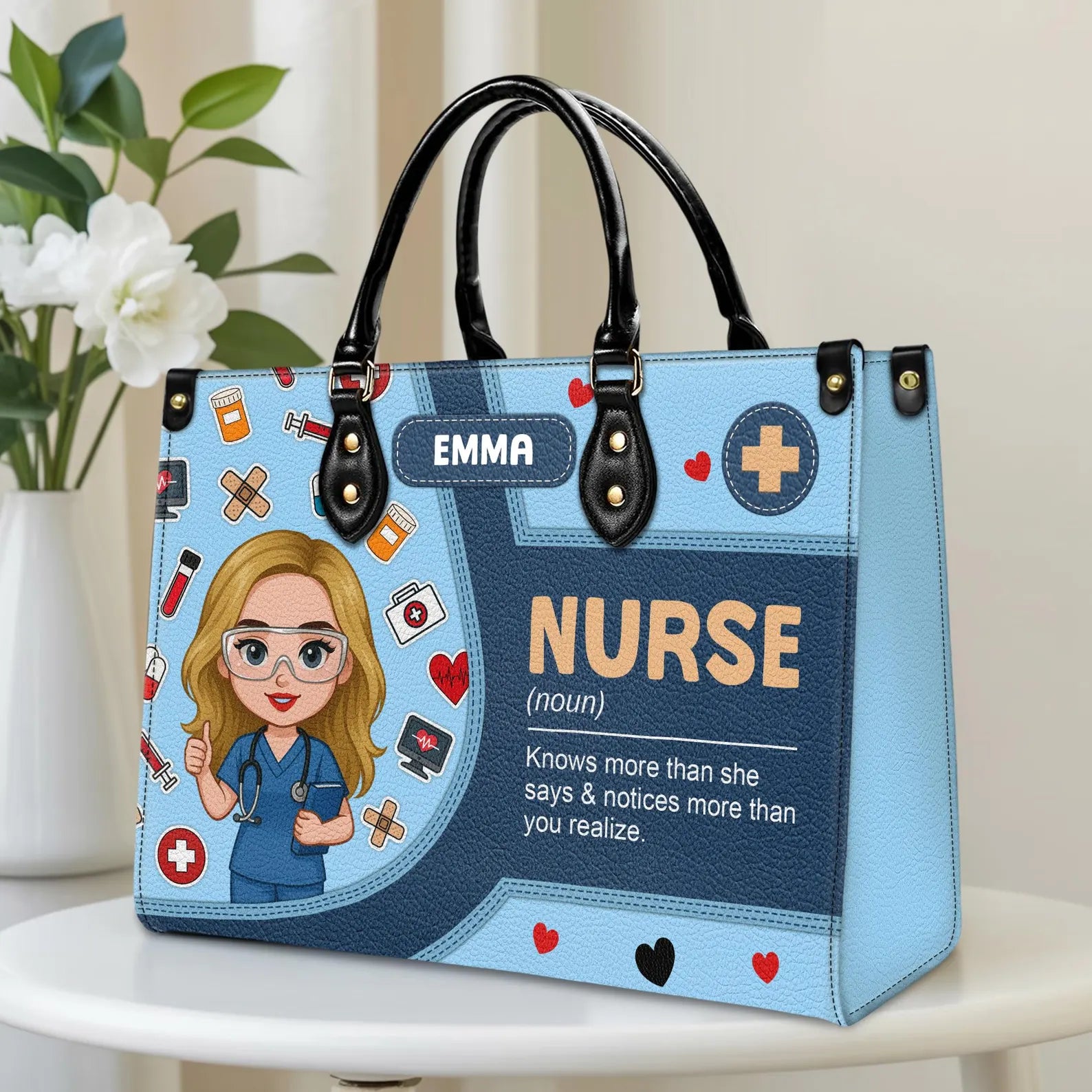 Custom Leather Handbag: Nurse Design - Knows more than she says – Perfect Gift for Nurses, Christmas Gift