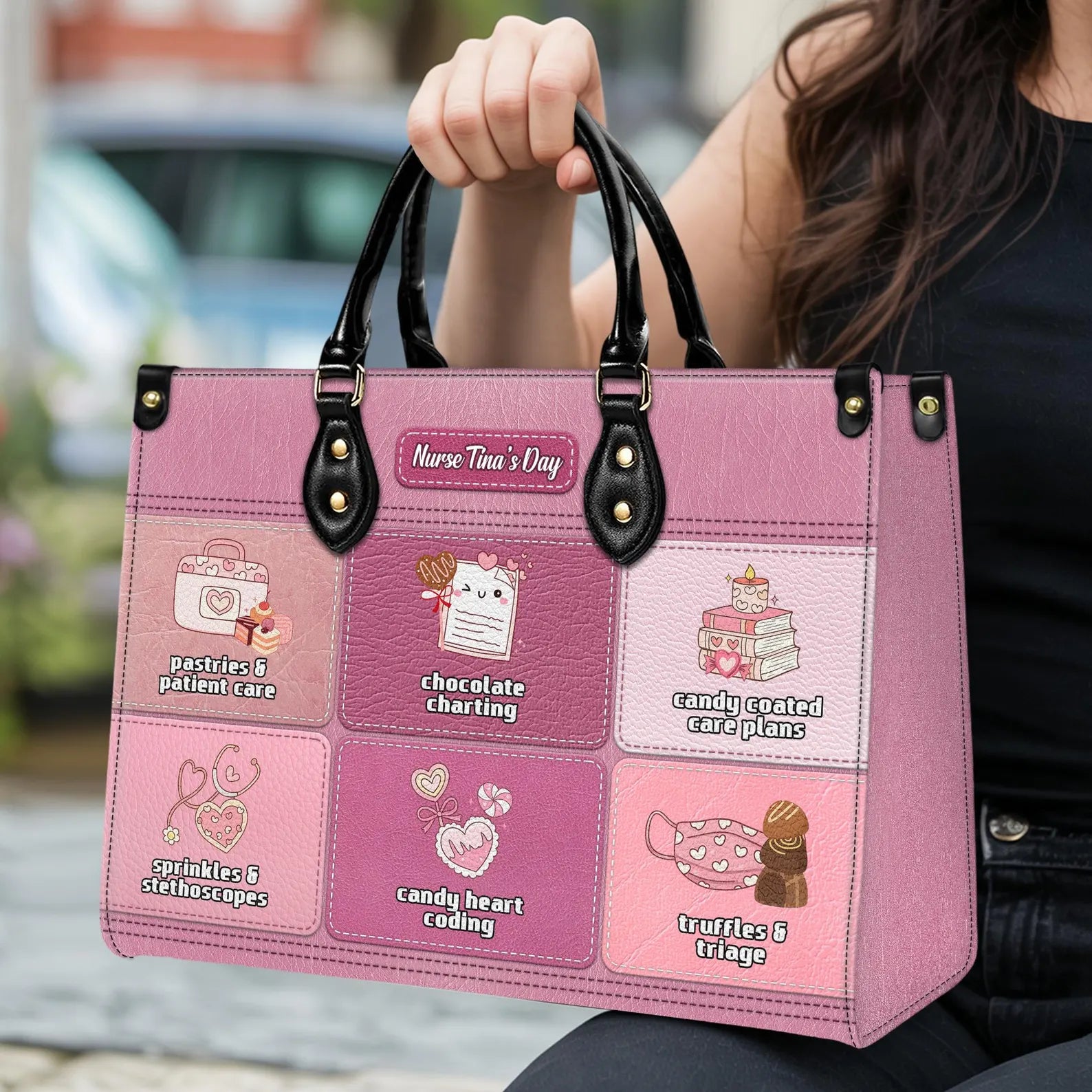 Personalized Sweet Nurse Leather Handbag – Custom Name, Cute Candy Nurse Icons & Quotes – Nurse Appreciation Gift for RN LPN CNA
