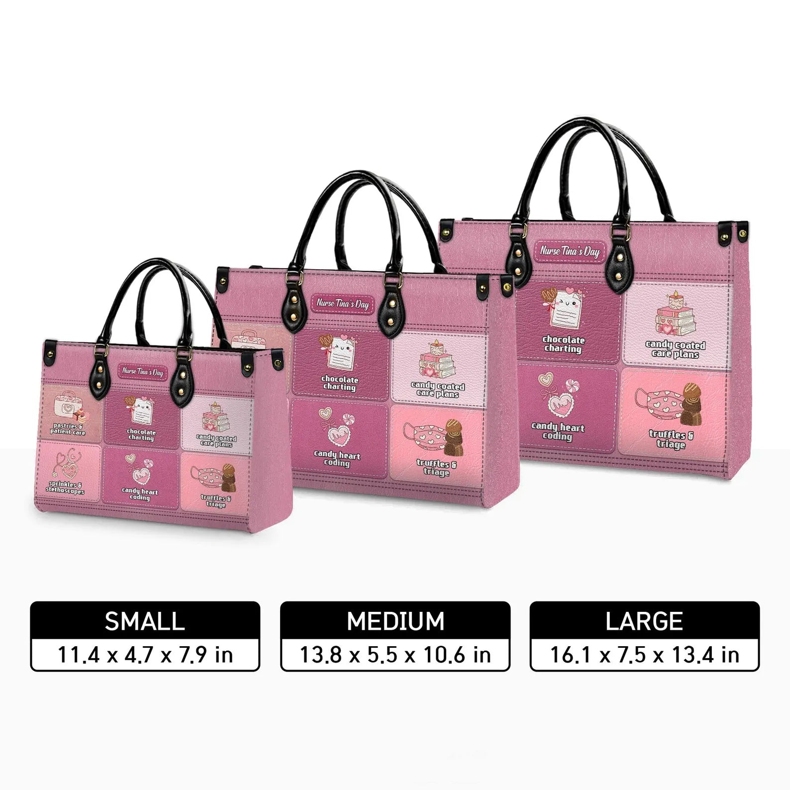 Personalized Sweet Nurse Leather Handbag – Custom Name, Cute Candy Nurse Icons & Quotes – Nurse Appreciation Gift for RN LPN CNA