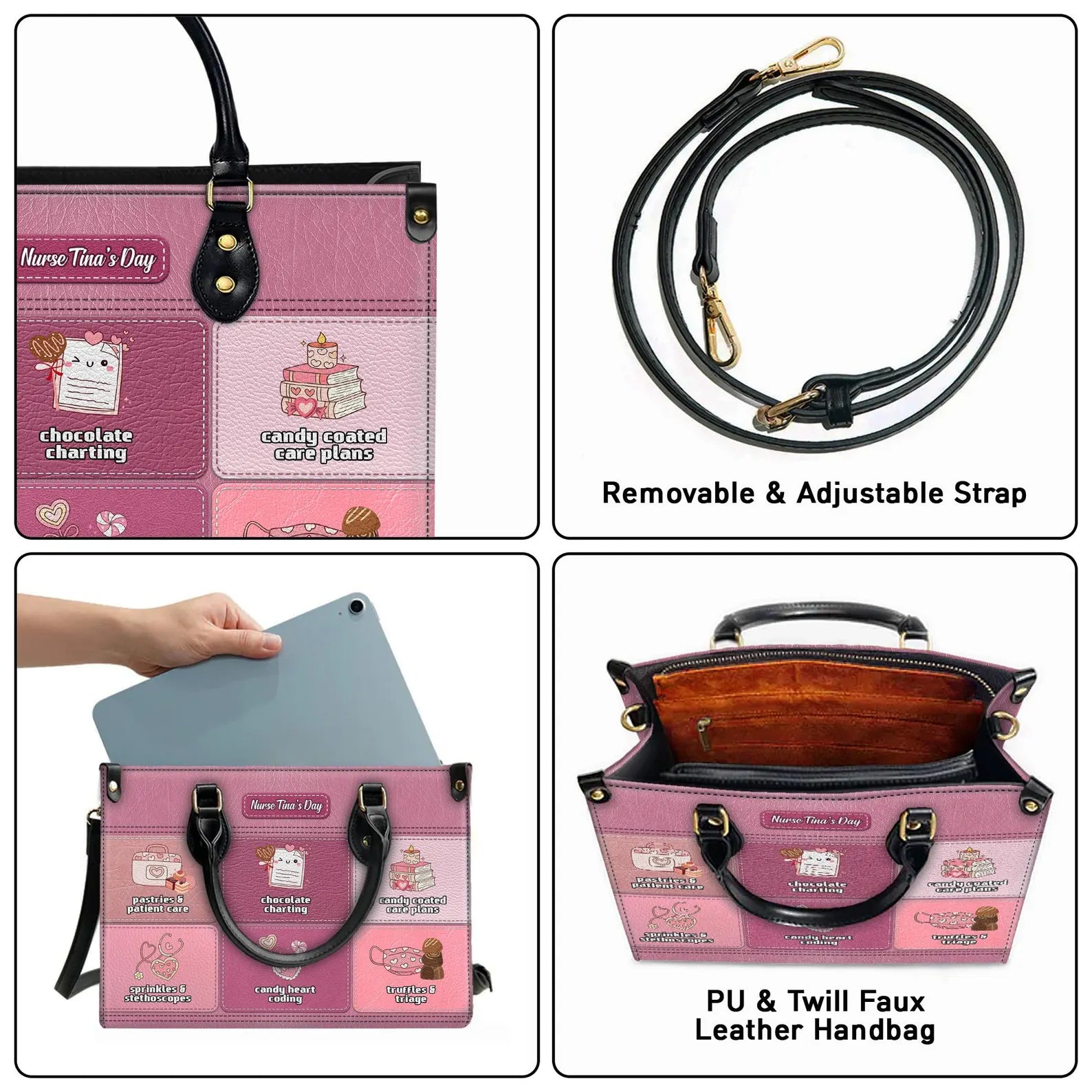 Personalized Sweet Nurse Leather Handbag – Custom Name, Cute Candy Nurse Icons & Quotes – Nurse Appreciation Gift for RN LPN CNA